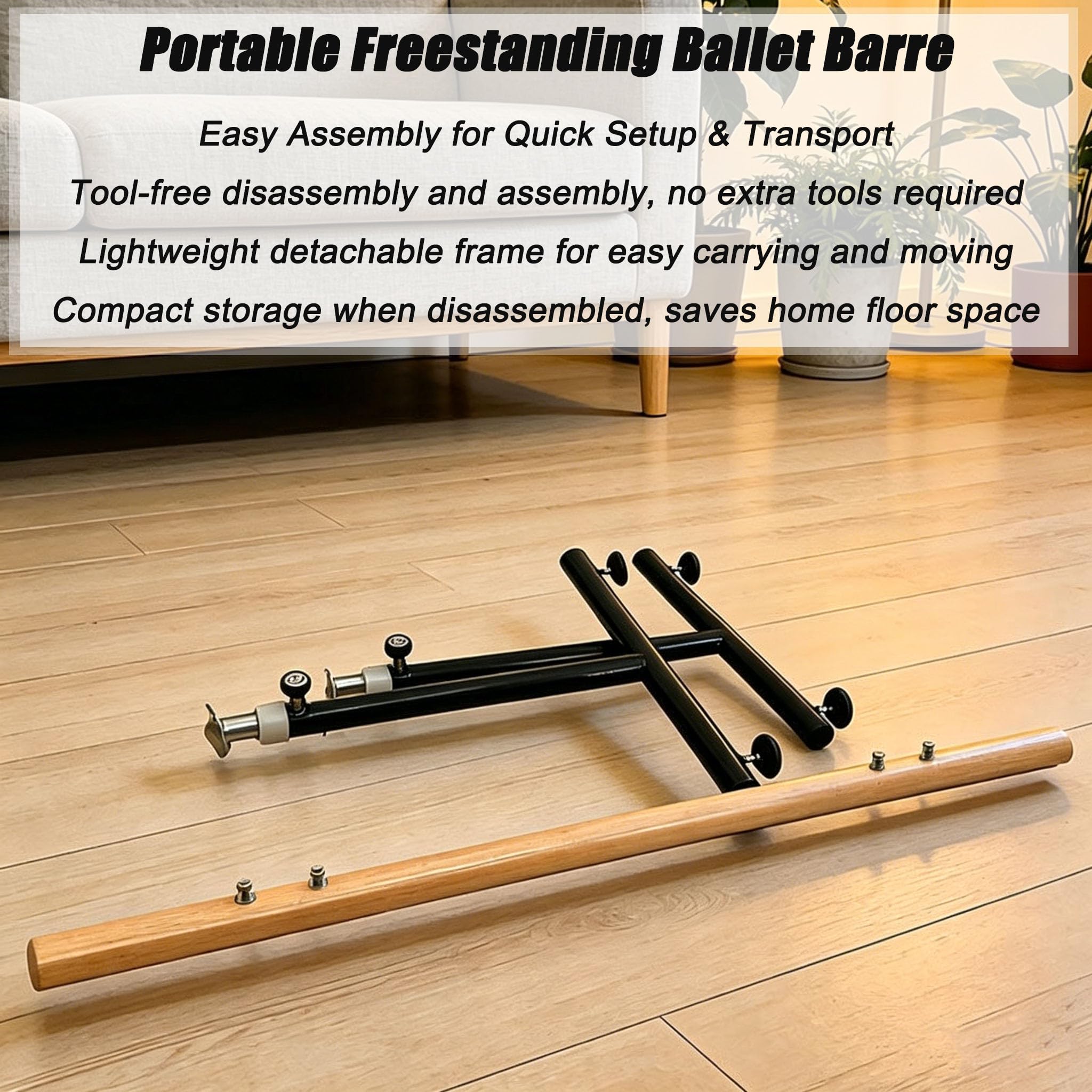 Barra de Ballet Independiente, Ajustable en 7 Niveles, de Madera Maciza | Base Antideslizante con ventosas, Barra de Madera con núcleo de Acero, Barra de Estiramiento para niños y Adultos, e