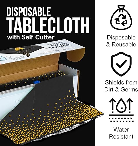Miniatura 2 de Rollo de mantel de plástico negro con lunares dorados para bodas, aniversarios, cumpleaños, celebraciones, mantel para 12 mesas rectangulares de