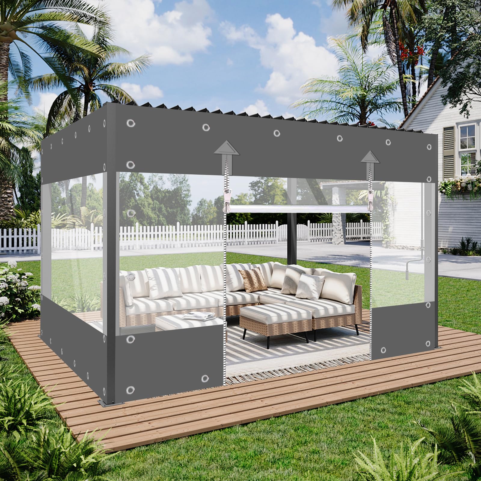 Transparente Plane, 650g/m² PVC Plane, Outdoor Vorhang mit Reißverschluss, Wasserdiche Abdeckplanne Windschutz und Regenschutz für für Pavillon, Balkone, Terrassen (Grau, Höhe 2.1m x Breite 3m)