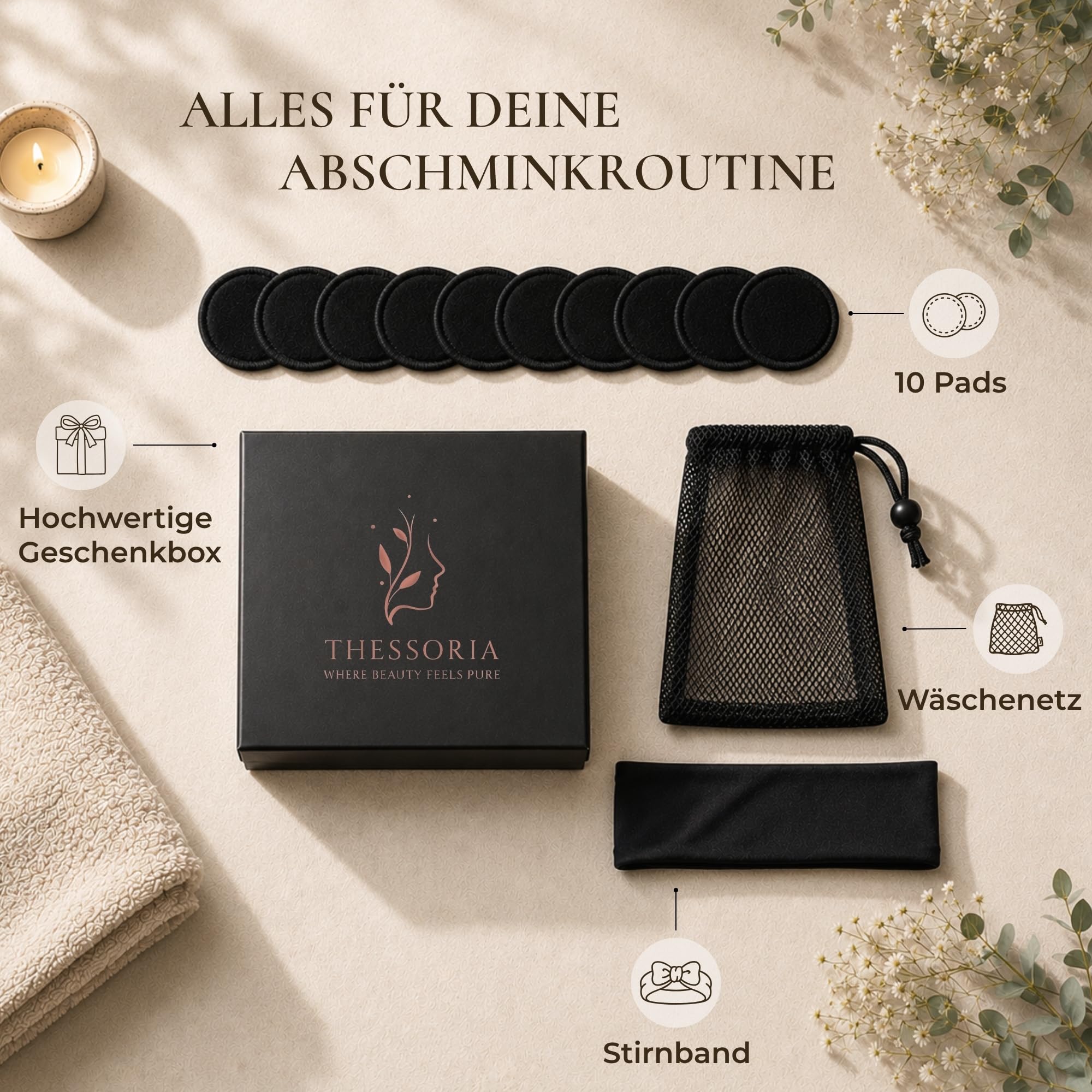 Abschminkpads Waschbar – 10 Wiederverwendbare Wattepads aus Bambusviskose mit Waschbeutel & Stirnband | Make-Up Remover Pads | Abschminkpads Schwarz | Geschenkset