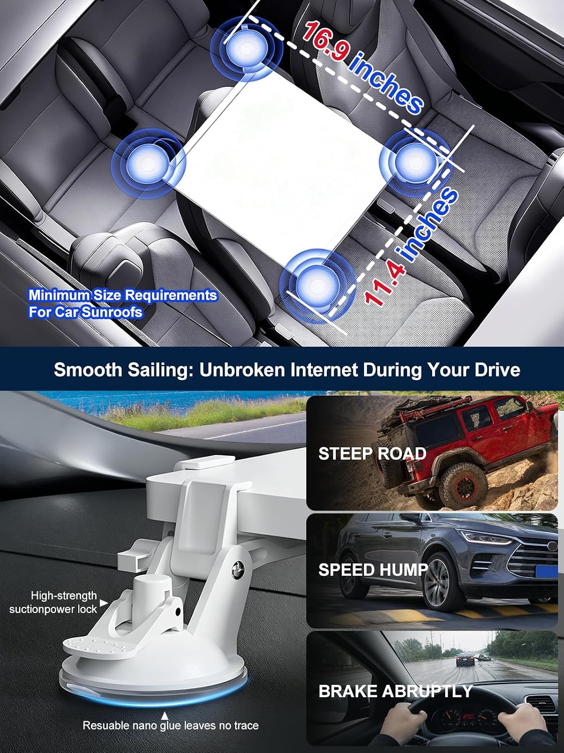 Starlink Mini Car Mount with Suction Cup for Car Window Sunroof(White) | 6 Suction Cup,Nano-Gel Suction Pads,ABS+20%Fiberglass Reinforced Bracket,Shockproof,-4°F to 185°F