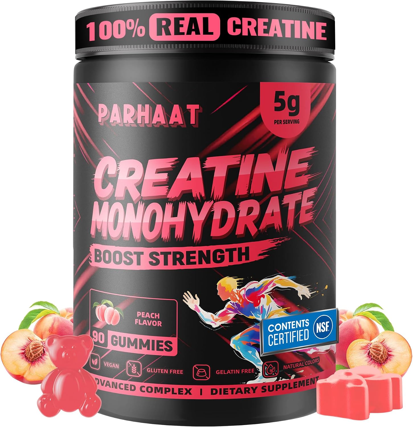 NSF Certified Creatine Gummy – Creatine Monohydrate Gummies 5g for Men & Women – Boost Focus,Strength, and Endurance, Vegan, Gluten-Free, Non-GMO, 2.5 Gram Creatine per Gummy (Peach 90 ct)