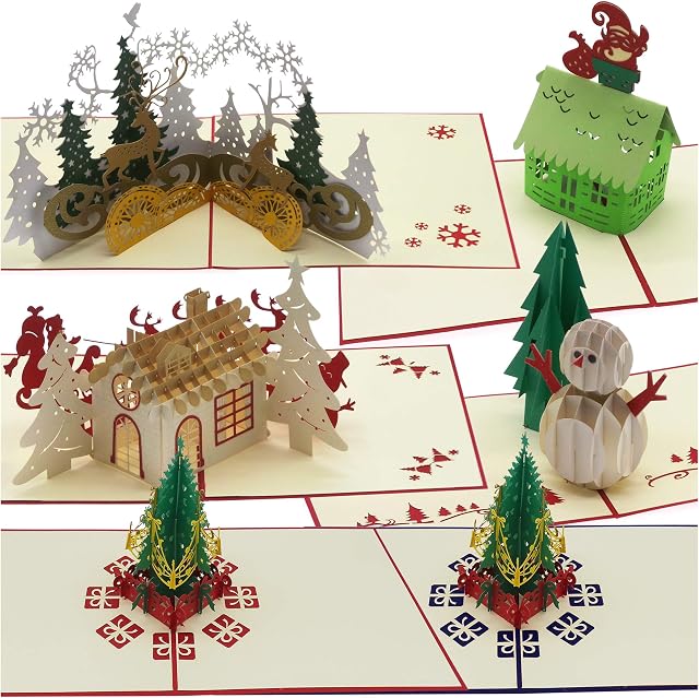 6 pcs 3D Pop Up Christmas Cards, Premium Quality, Deluxe Special Seasonal Greeting Cards for Your Special Family and Friends-Bundle C