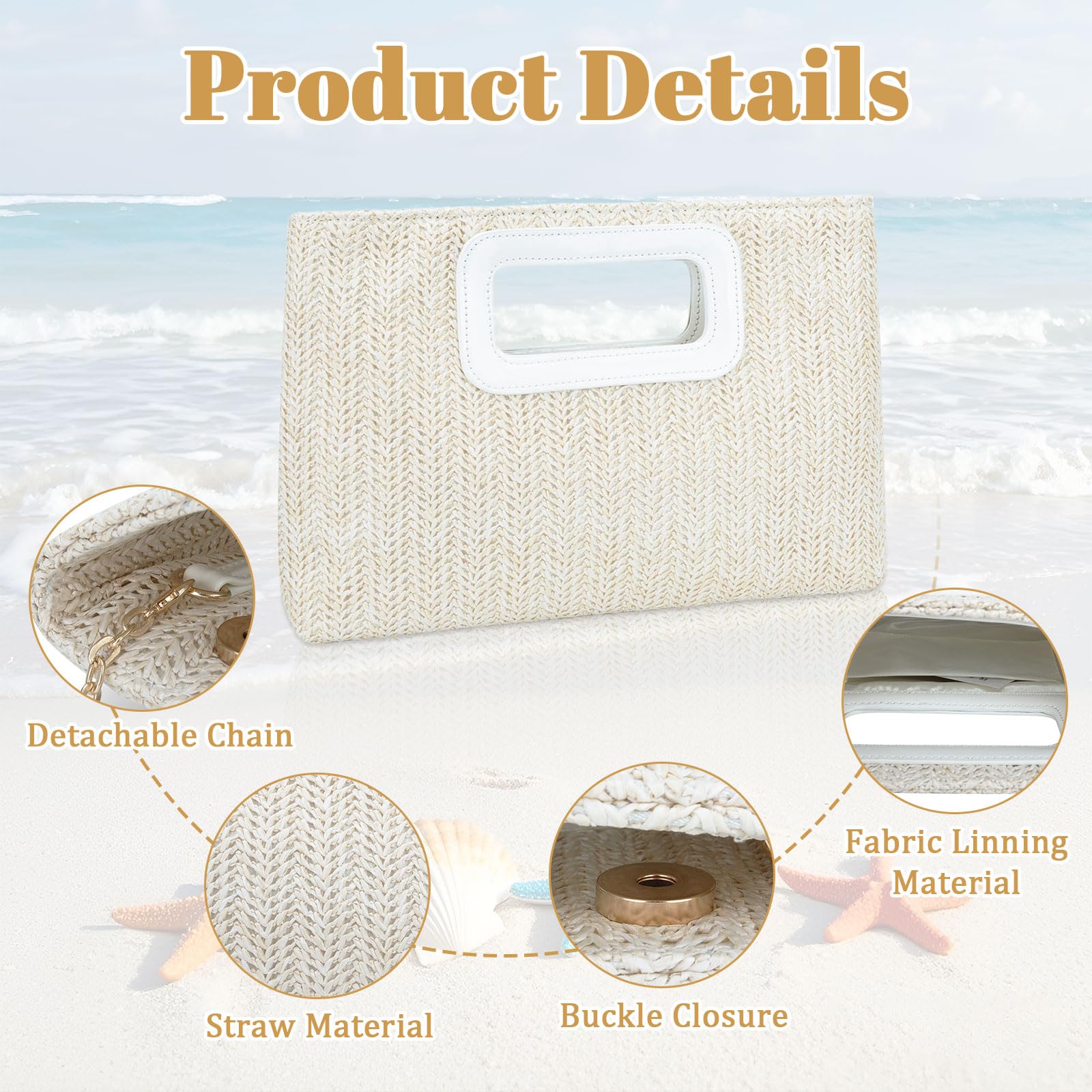 Gets Borsa in paglia intrecciata con manico superiore, pochette da sera da donna, borsa a tracolla in rattan bohémien, con catena
