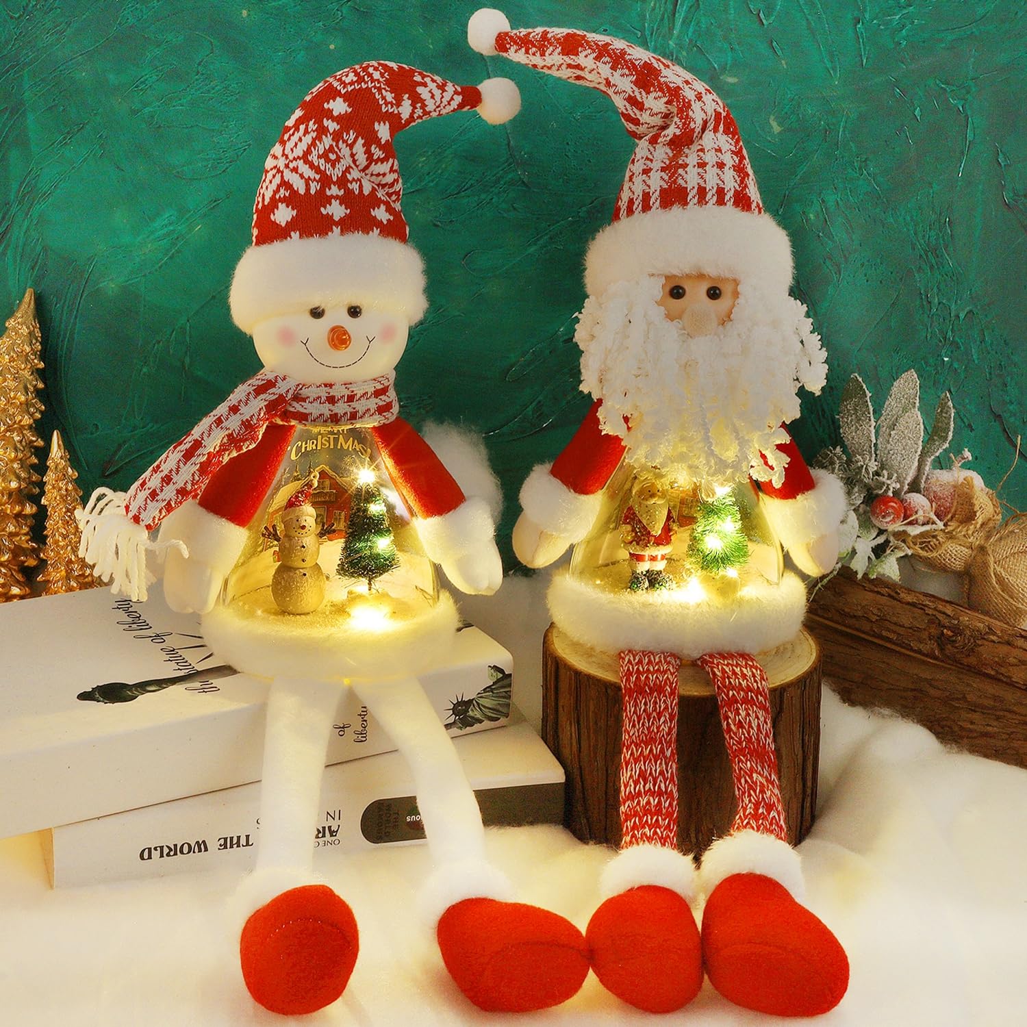 Juegoal 2 Pack Lighted Christmas Santa & Snowman with Dangling Legs, 24