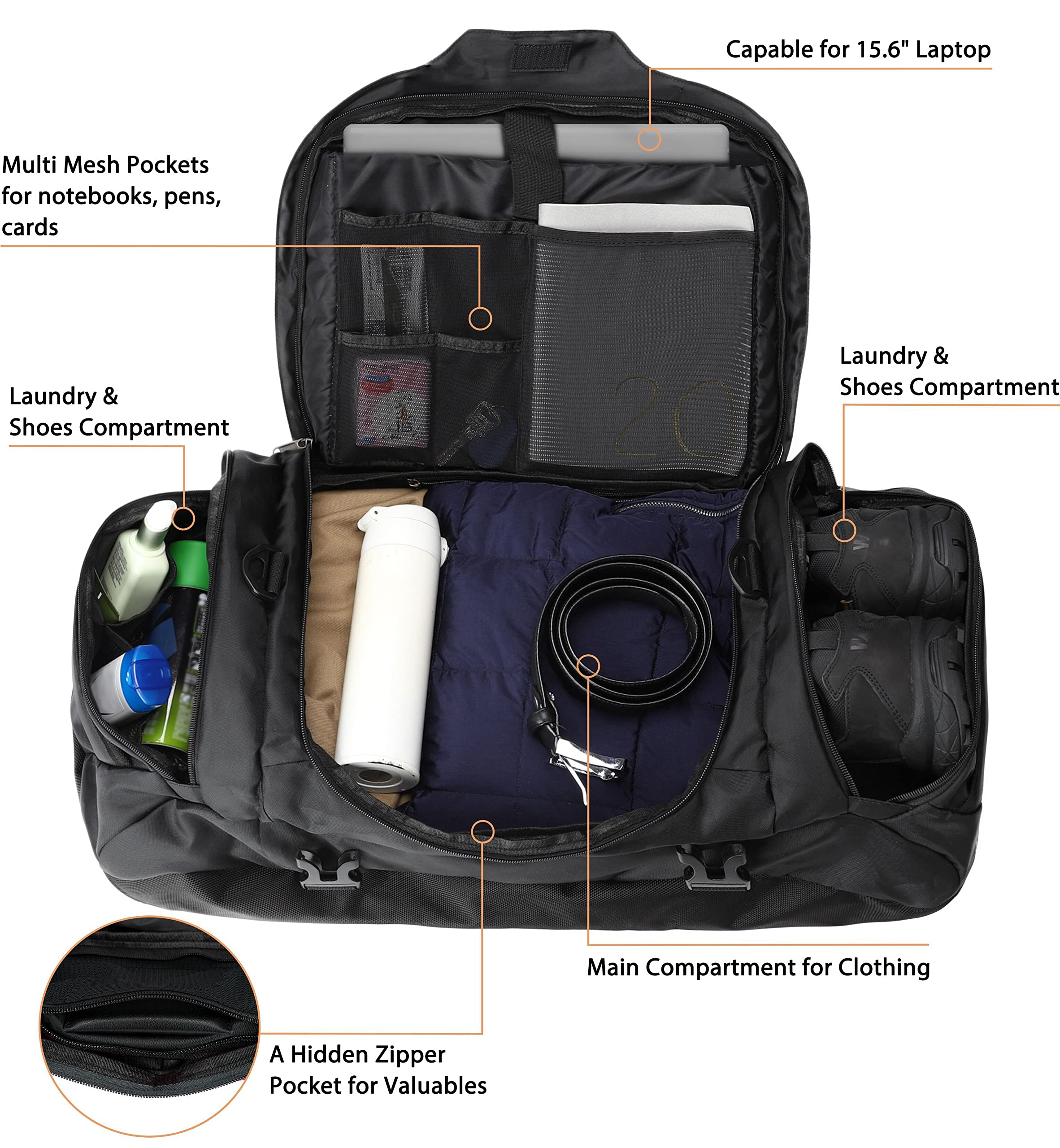 Ubon Borsone da Viaggio Grande Capacità Zaino con Spazio Vano Biancheria Ventilato Scomparto Scarpe Tasche Multiple Tote Borsa Sportiva Palestra Campeggio Spiaggia Unisex Nero 80L