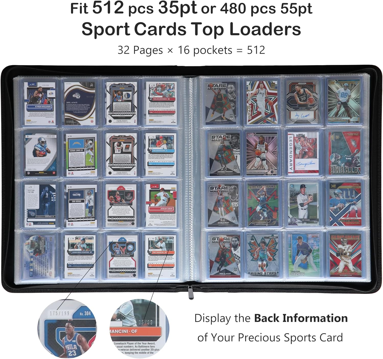 Rayvol Premium 16-Pocket Top loader Binder – Fits 512 Top loaders, Comes with 16 Transparent White Pages for 3" x 4" Top loaders