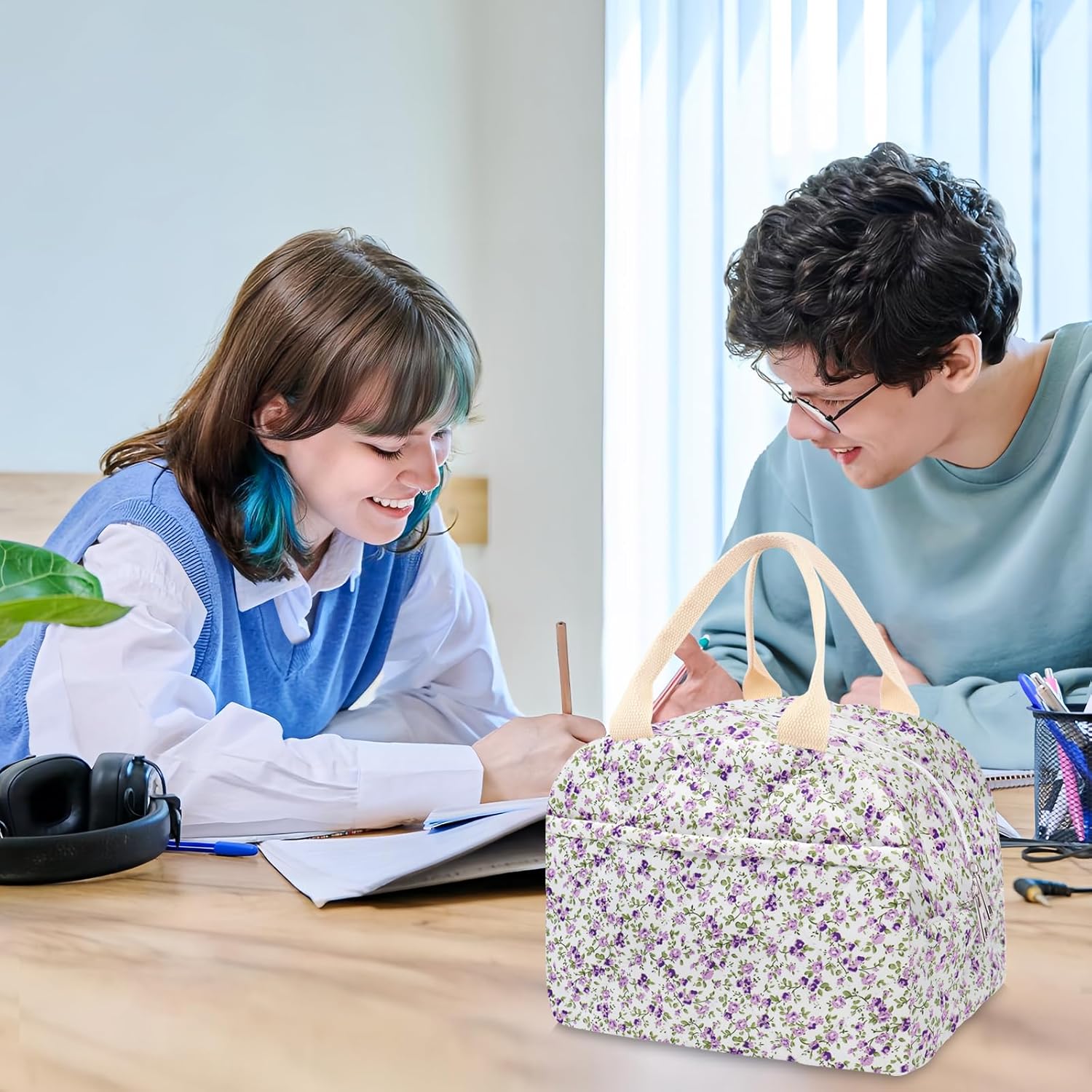 Cotton Quilted Insulated Lunch Bag, Cute Quilted Floral Lunch Tote Bags Reusable Insulated Lunch Box Coquette Aesthetic Large Capacity Insulated Cooler for Women Work Travel Picnic (Purple) - Image 3