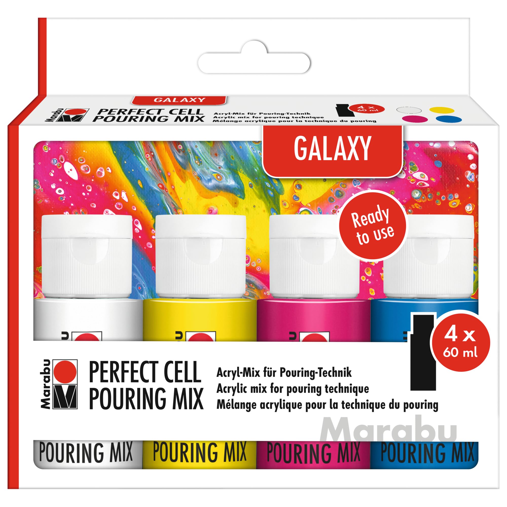Marabu Multicolor Super Cell Pouring Mix Galaxy 4 X 60 Ml Paint, Ready To Use Acrylic Blend For Pouring Technique, Waterproof, Light-Resistant, Dries To Semi-Gloss, 121000000300