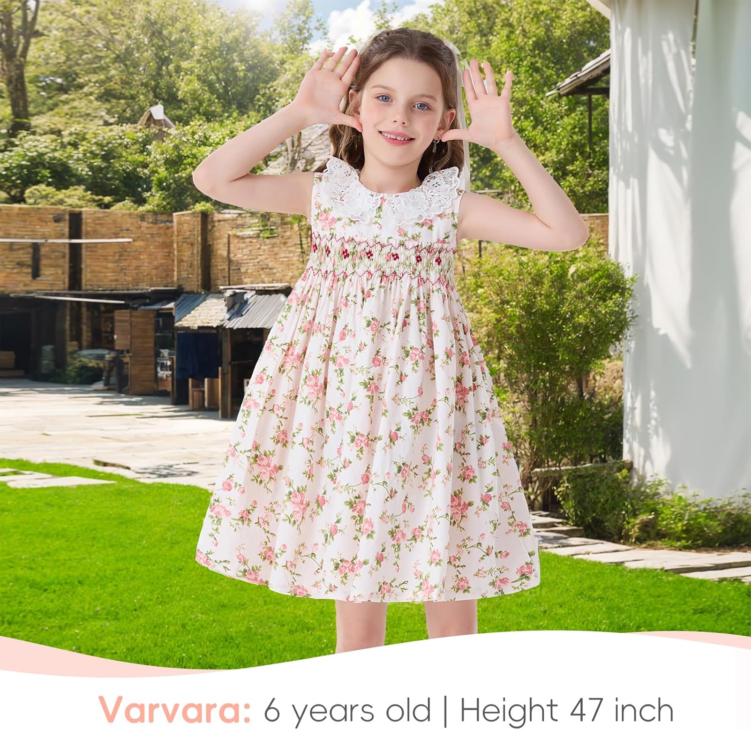 Girls Smocked Blue Dress Toddler Floral Summer Dress Vintage Dresses Kindergarten Graduation Dress - Image 2