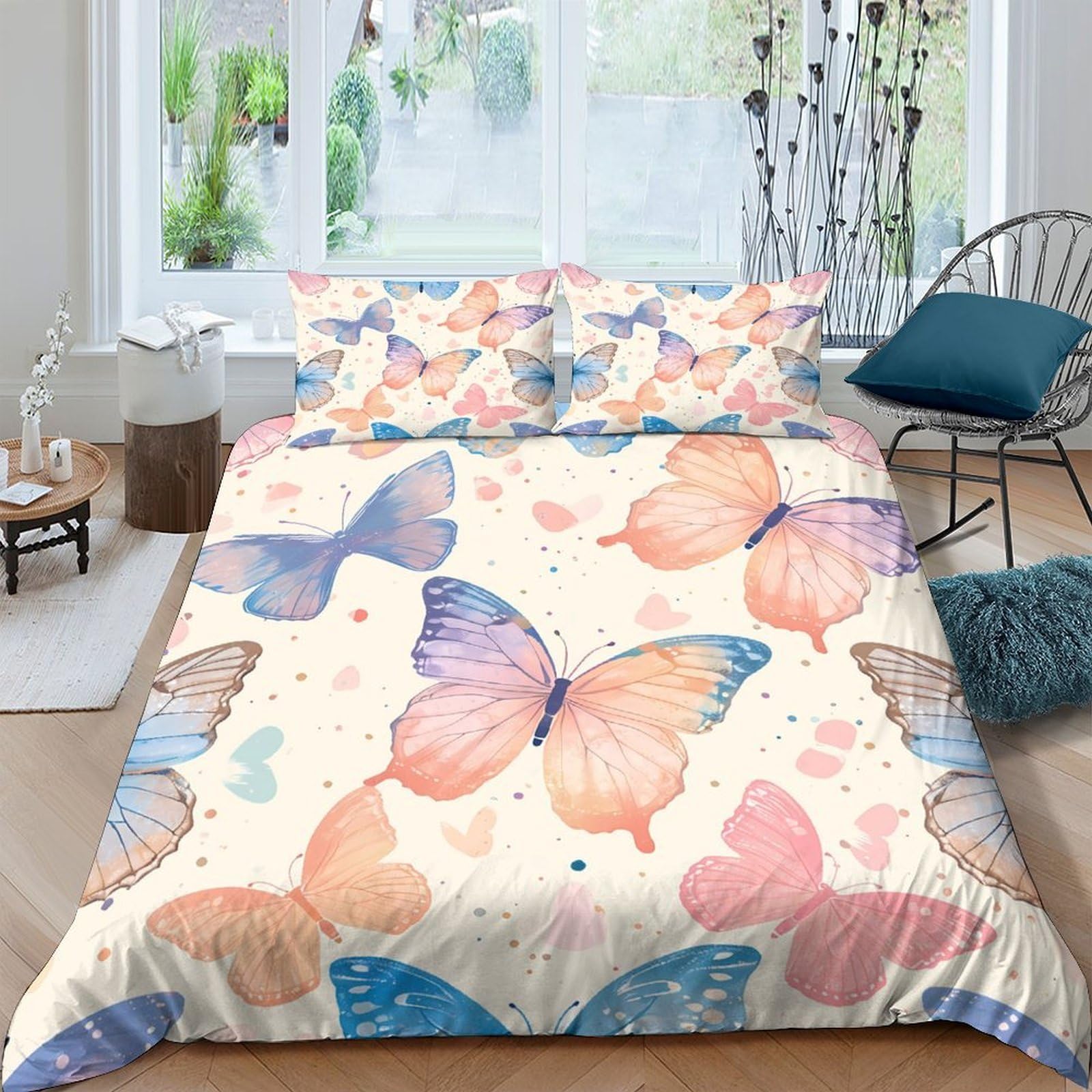 TUFRTGYHN 3D Printed Watercolor Butterfly Duvet Cover Microfiber Soft Breathable Pastel Wings Bedding Set with 2 Pillowcases for Bedroom Decor Single（135x200cm）
