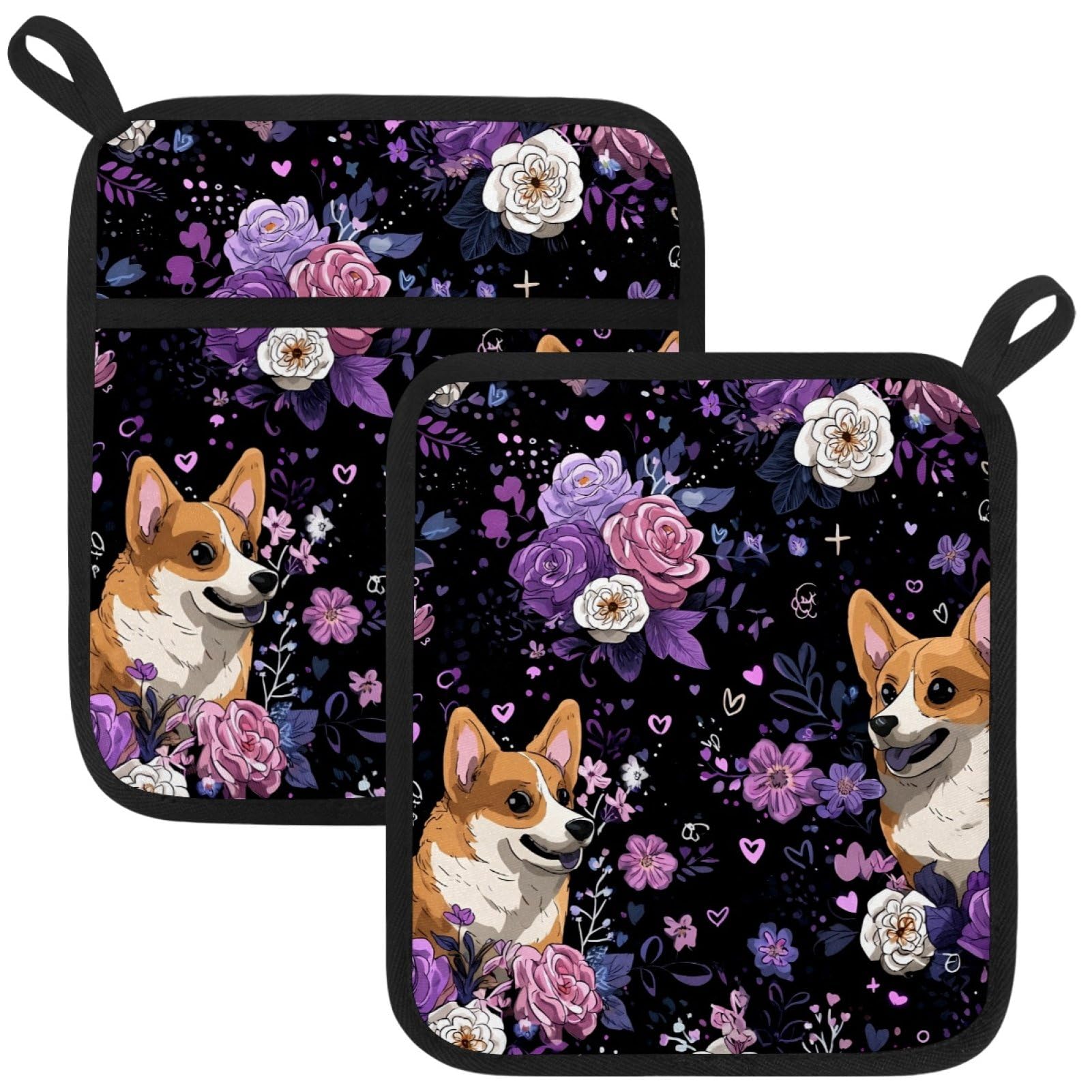 VAPOKF Corgis Rose Heat Resistant Pot Holders, Thick Pot Holders Pad with Hanging Loop for Kitchen, Oven Cloth Pads for Kitchen Baking Microwave Oven
