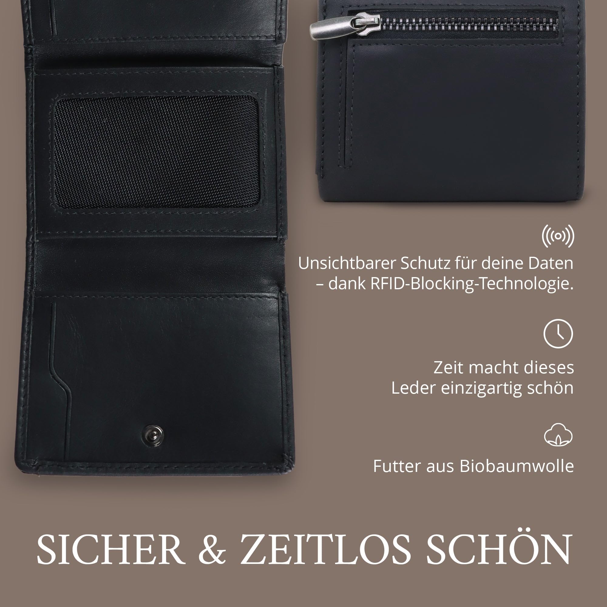 AKAROA – Trifold Geldbörse Herren echtes Rindsleder Henry – Portmonee Herren 7,5x9,5cm mit 10 Kartenfächern & Münzfach mit Reißverschluss – Geldbeutel im Hochformat mit RFID Schutz – Schwarz