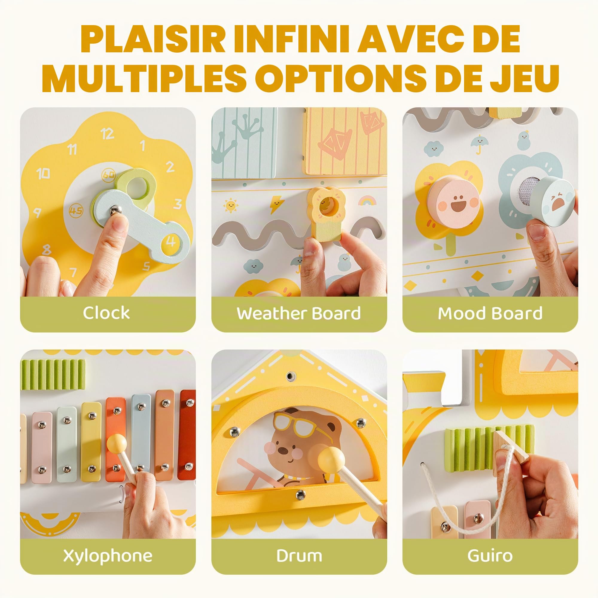 ROBUD Montessori Busy Board à partir de 18 Mois – Tableau d'activités Mural 12 en 1 en Bois avec Xylophone, Tambour, Tableau météo, Horloge, Formes, Engrenages et Labyrinthe magnétique