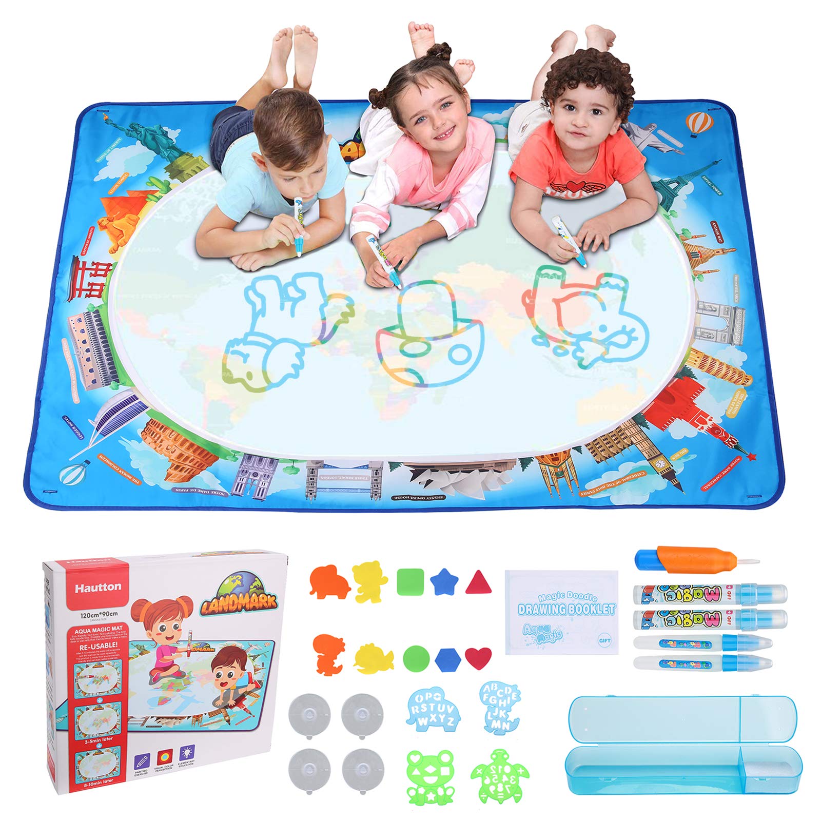 Hautton Magic Water Doodle Mat, Large Drawing Coloring Mat Painting Writing Board with 25 Accessories Educational Learning Toy Gift for Age 3+ Kids Boys Girls -Landmark