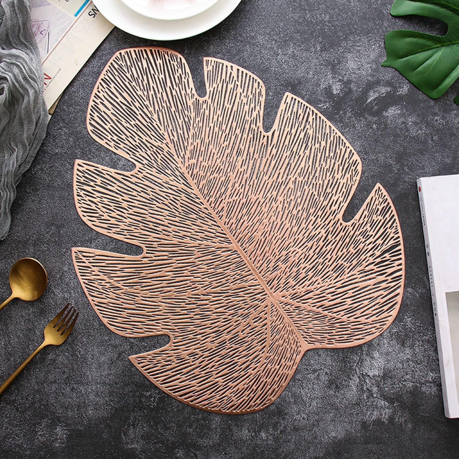 Placemat - Juego de 10 manteles individuales en forma de hoja de oro rosa, 37 x 47 cm, para cocina y comedor