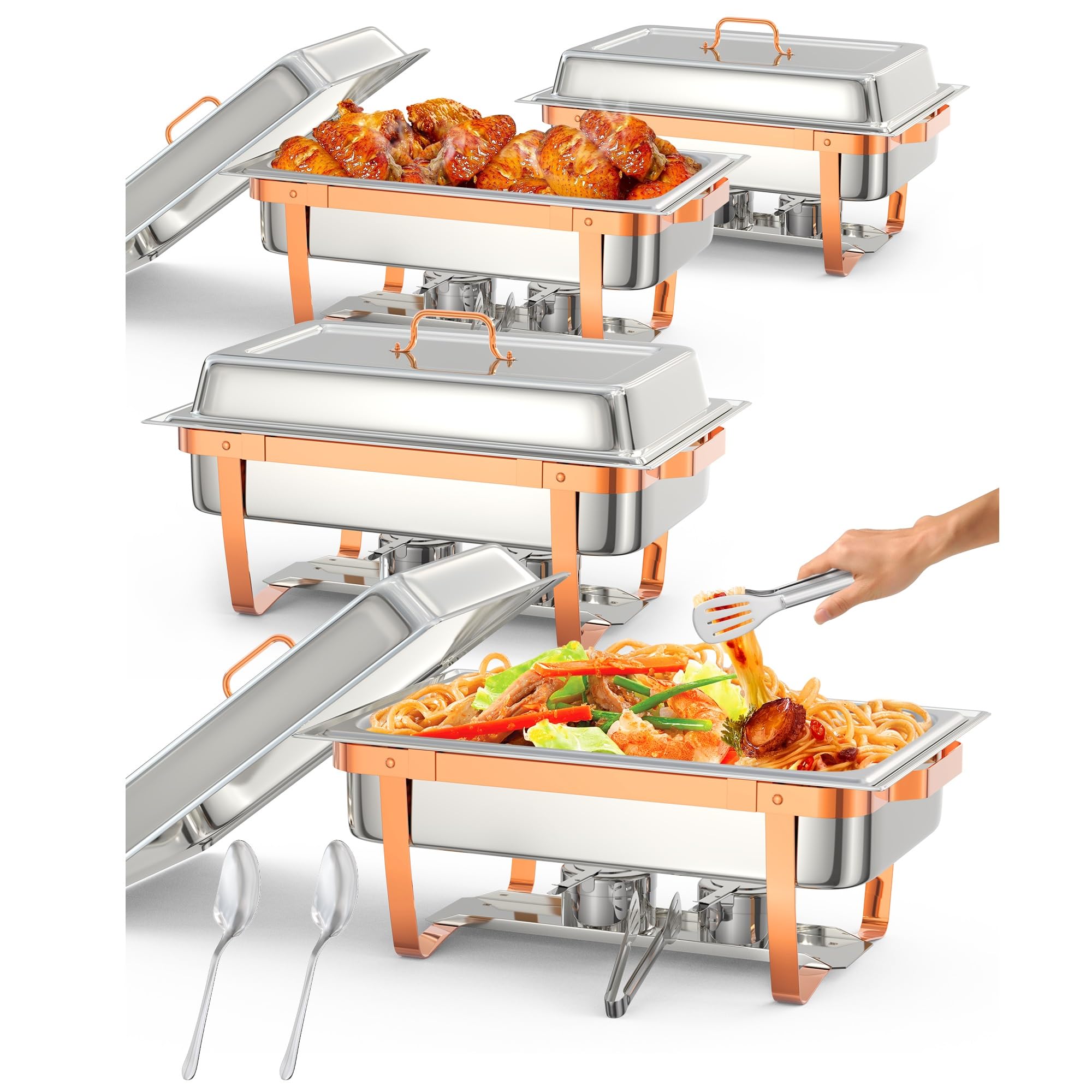 Mahlzeit Chafing Dish Profi Set, 4 x Edelstahl Warmhaltebehälter, 9L Rechteckige Catering Servierplatten, Wärmebehälter für Speisen mit Deckelhalter, Speisenwärmer für Buffet, Partys, Abendessen