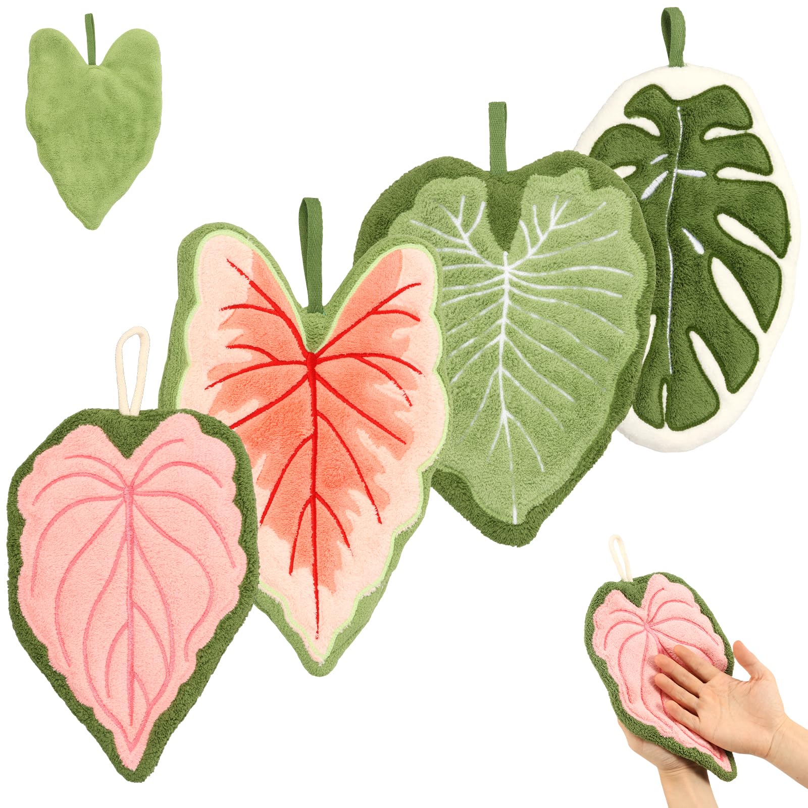 YUEKUNTJ 4Pcs Hanging Kitchen Towels, Leaves Coral Fleece Hanging Towels, Creative Absorbent Hand Cloth, Decorative Kitchen Leaf Towel, Quick Drying for Bathroom Living Room