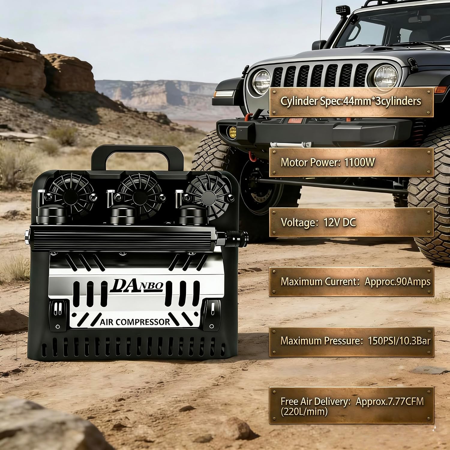 Air Compressor 12V DC 3 cylinder Premium On Board Portable faster inflation. Ideal for faster tire inflating time and 4x4 off road adventures