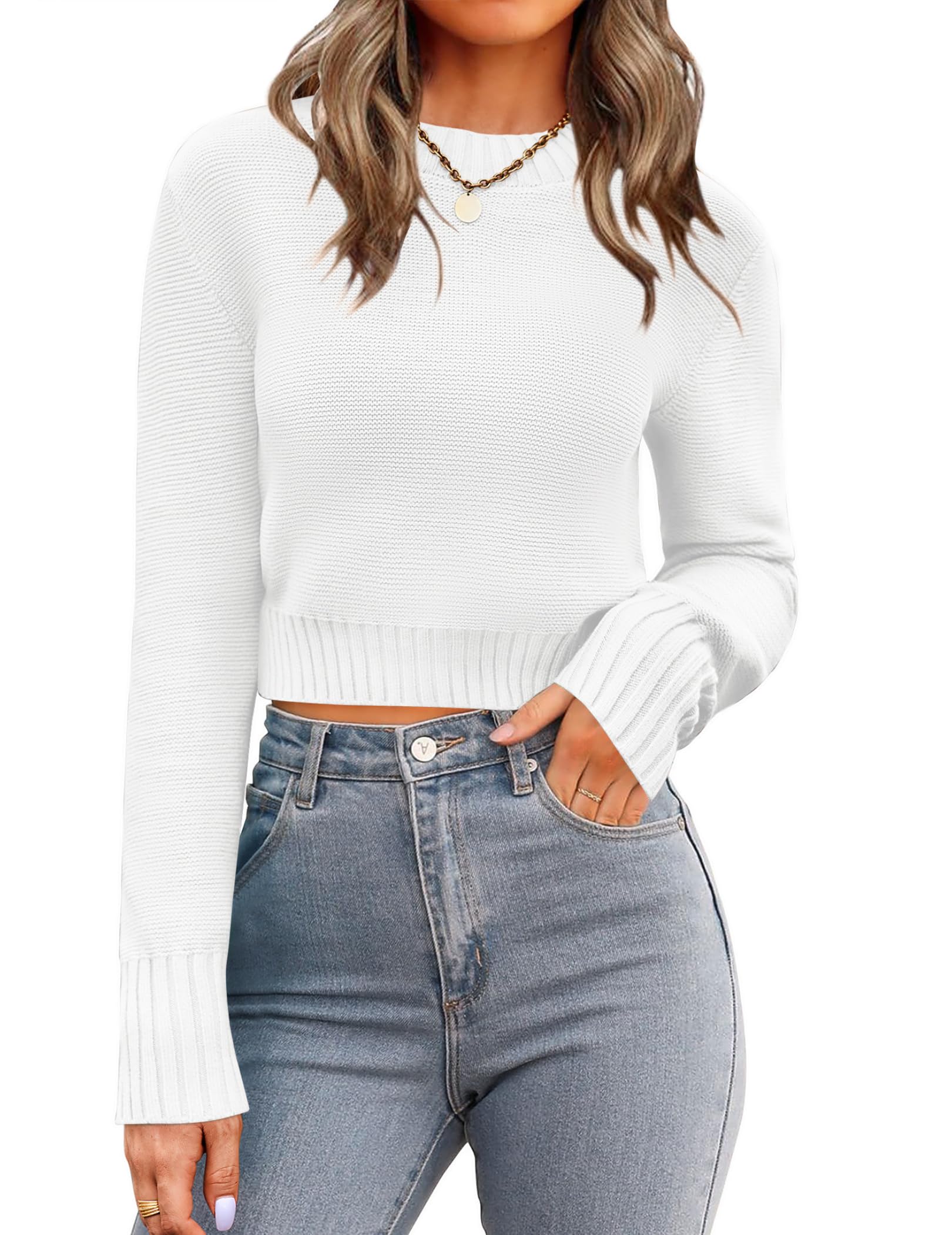 Zeagoo Women's 2026 Fall Crewneck Cropped Sweaters Long Sleeve Knit Tops | Basic Soft Cozy Ribbed Knitted Pullover,Trendy Winter Fashion Layer Cute Clothing,Going Out Business Casual Dressy Outfit