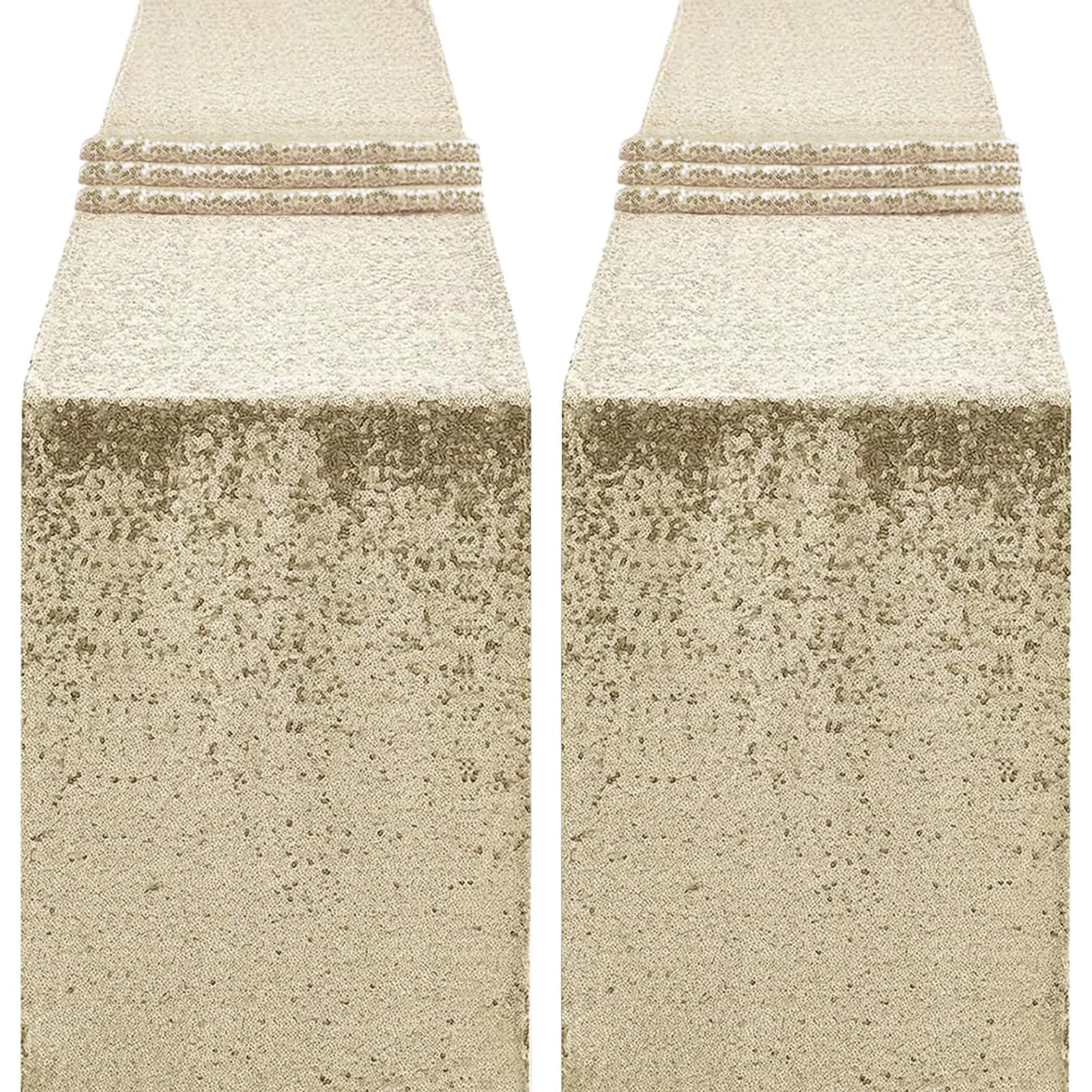OQSC 2 Pack Sequin Table Runner 12 x 72 Inches Glitter Table Runner for Birthday Party Supplies Decorations, 2 Pcs, Champagne