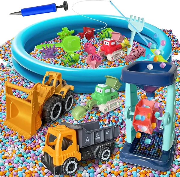 Elfew Construction Truck Sensory Bin Toys with 4.4 lbs Colored Gravel Rocks, Dump Truck Toys for Boys 3-5 Year Old, Construction Vehicle for Indoor/Outdoor Play, Playset Gifts for 3 4 5 6 Year Old Boy