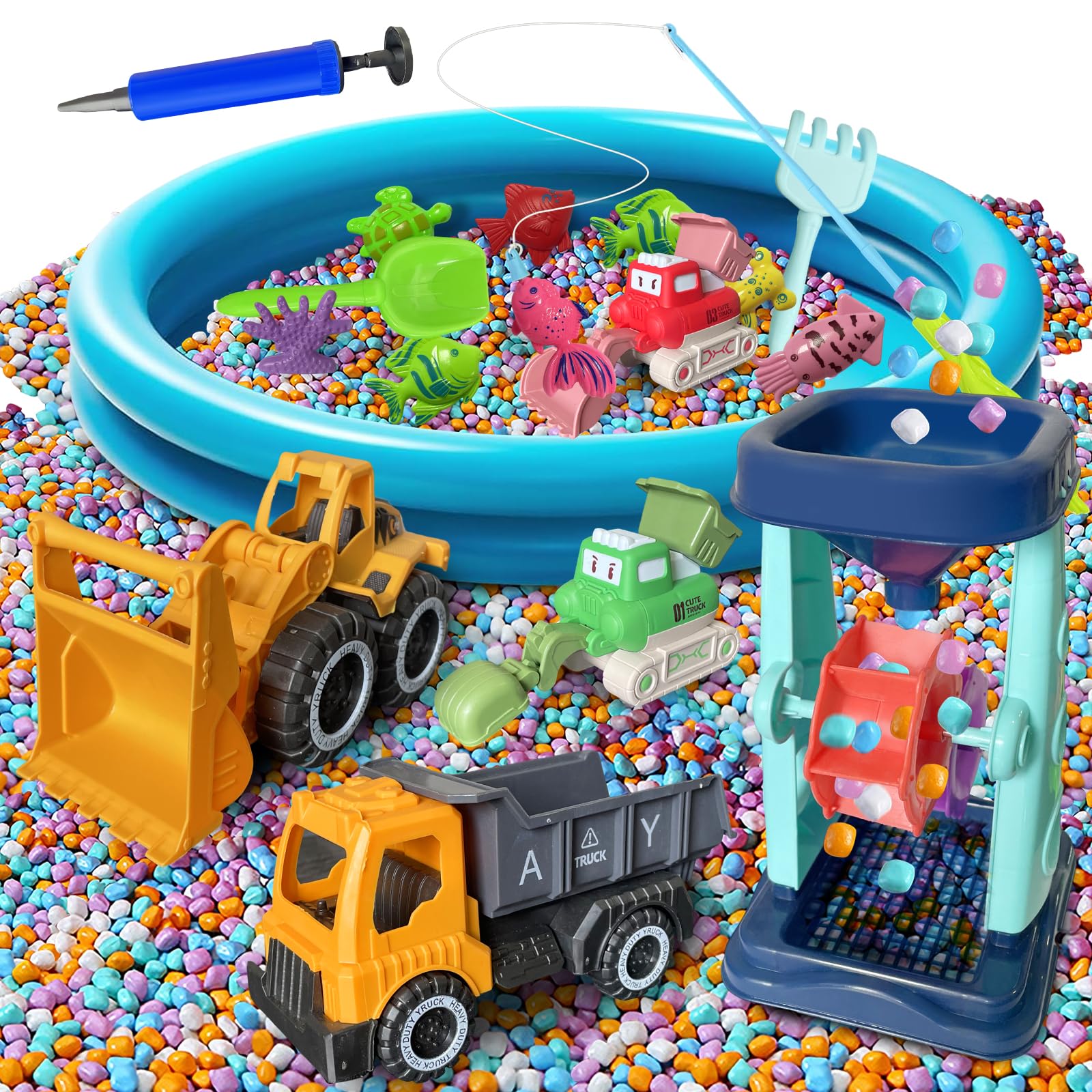 Elfew Construction Truck Sensory Bin Toys for Kids, Inflatable Pool with 4.4lbs Gravel Rocks, Fishing Toys, Construction Truck Kit, Sensory Table Filler,Mess-Free Indoor Outdoor Activities Play