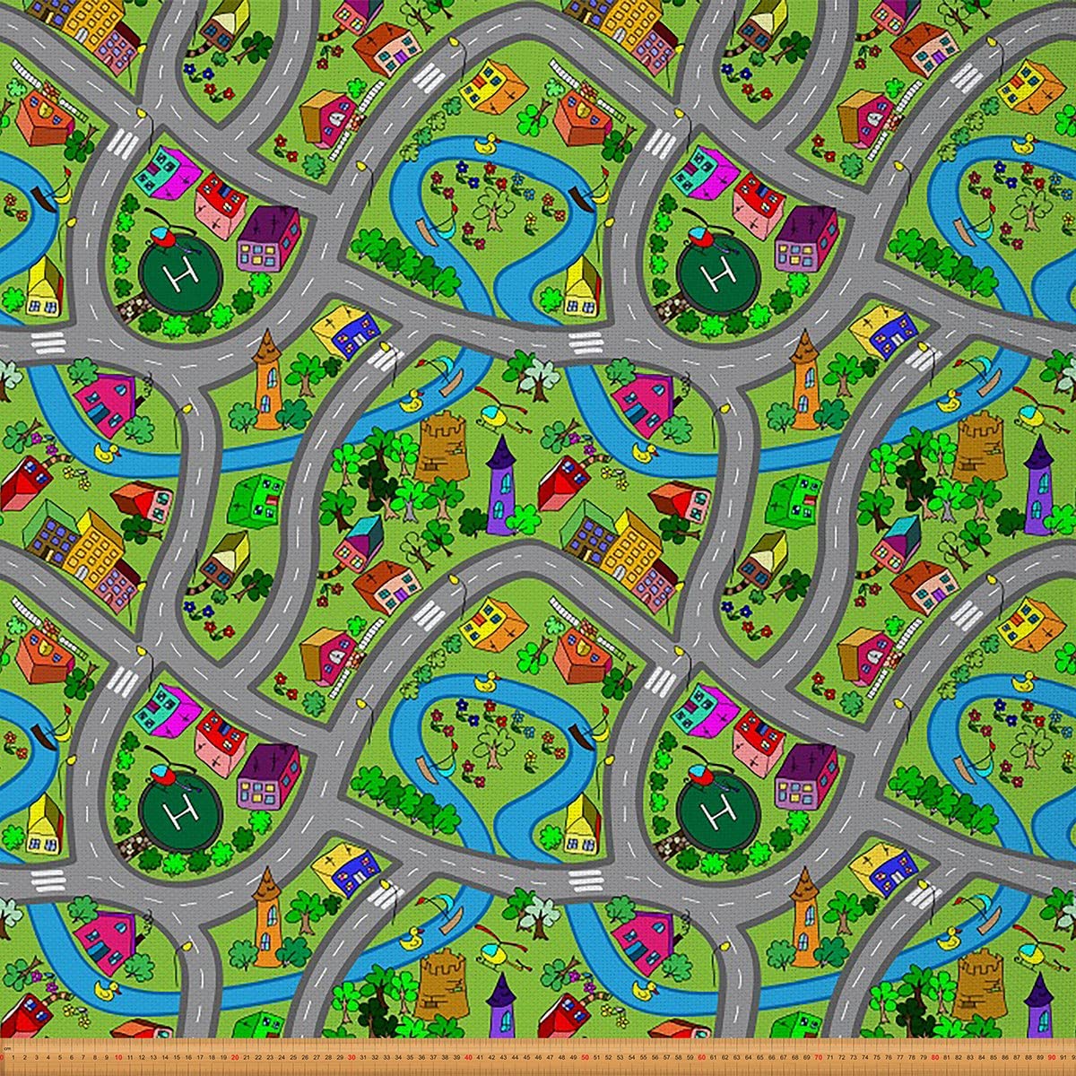 Kids' Play Mat Fabric by The Yard,Hand-Drawn Style Suburb Road Fabric for Chairs,Car Race Track Cartoon Roadway Fabric for Home DIY Projects,5 Yards,(L460*W150cm) Grey Green — image 1