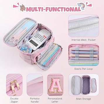 YOOLIFE Initial Pencil Case Large Capacity Pencil Pouch Handheld Pen Bag Cute Portable Gift for Office School Teen Girl Women 11 12 13 14 Year Old Girl Gifts Aesthetic Pencil Case Pencil Pouch Pink A