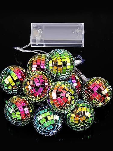 Miniatura 5 de BBTO 10 luces LED de 9.84 pies de largo, bola de discoteca, funciona con pilas, esferas de espejo, mini bola de espejo con cuerda para suministros