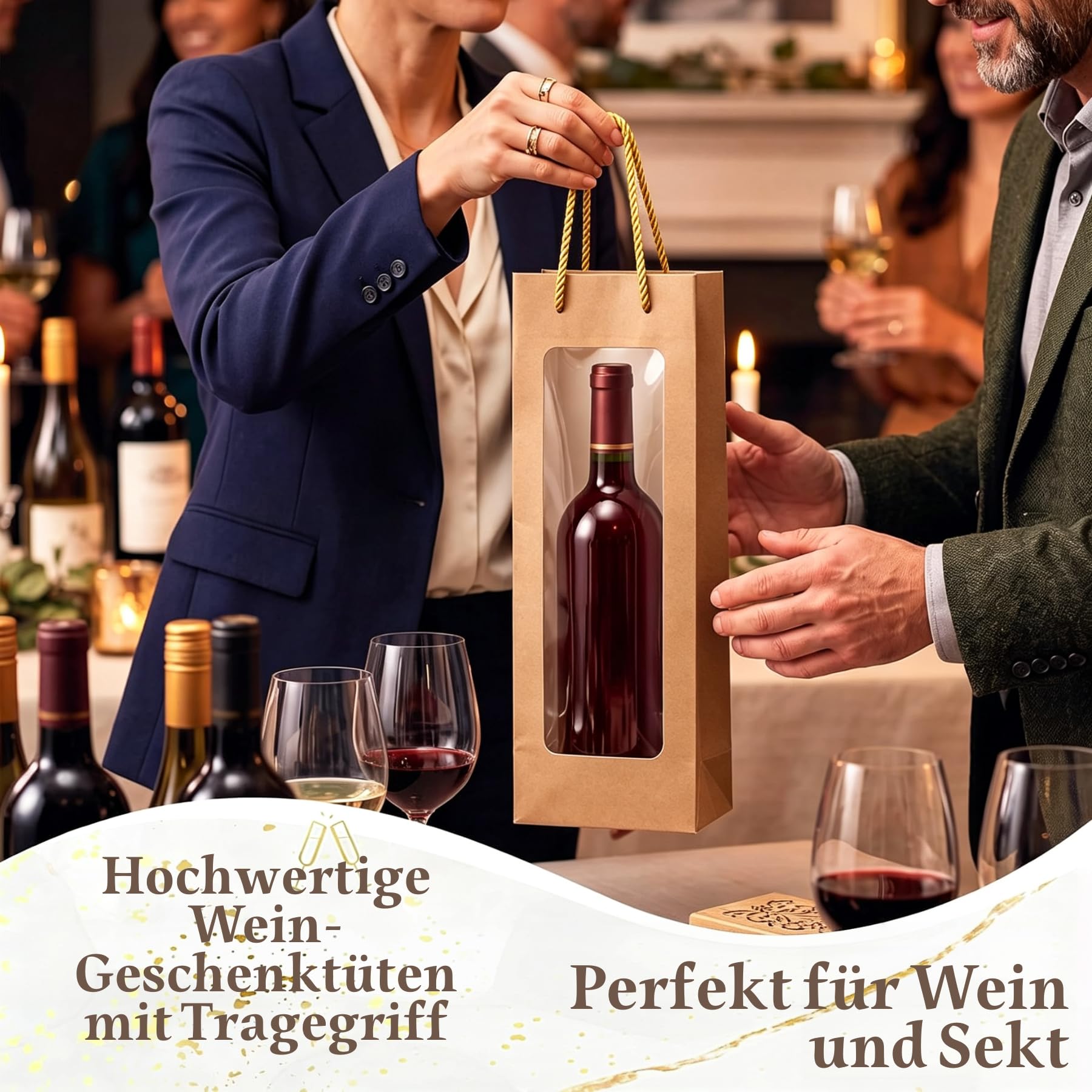 50 Stk Wein Geschenktüten mit Fenster & Griff für 750-1000ml Flaschen