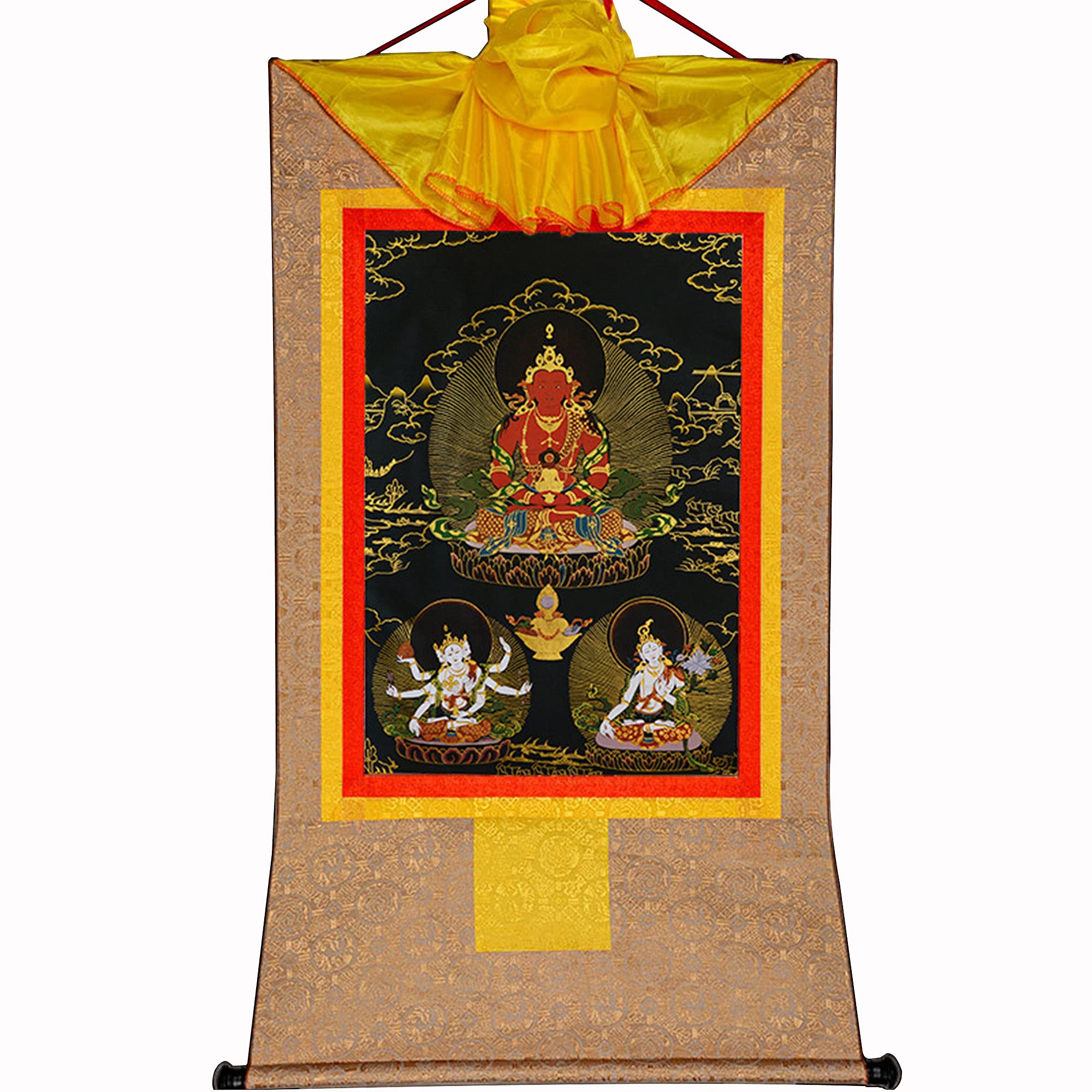 Gandhanra Tibetan Buddhist Thangka Wall Hanging,Amitayus Thangka - Buddha of Infinite Life - Tsepame,Hot Stamped Brocade Buddhist Tapestry for Zen Home Decor, Meditation, Spiritual Relaxation