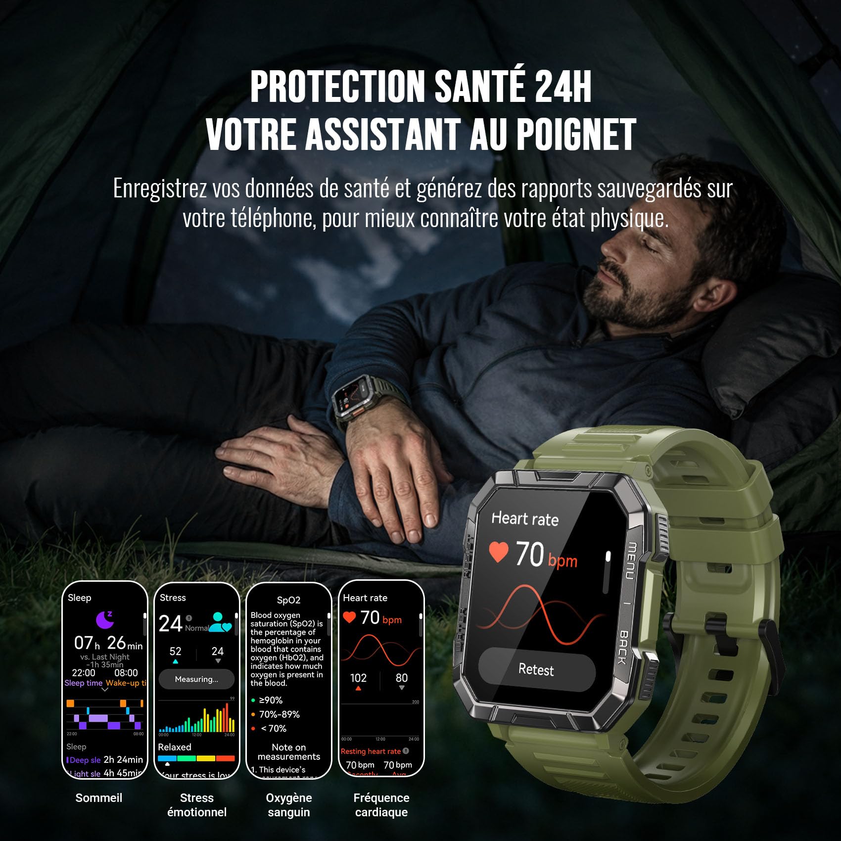Blackview Montre Connectée Homme Militaire, Torche LED SOS & Boussole, 100j d'autonomie 960mAh, Appel Bluetooth, Podomètre, Suivi Santé 24h, 120+ modes sport, IP68, antichoc, iOS & Android compatibles