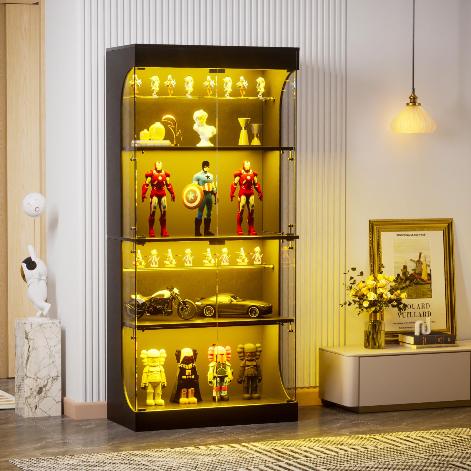 Vitrine de pie con LED, vitrina de pie de vidrio con 6 estantes y 4 puertas de vidrio con sensores inteligentes, armario con vitrina, armario de vidrio a prueba de polvo adecuado para sala de estar