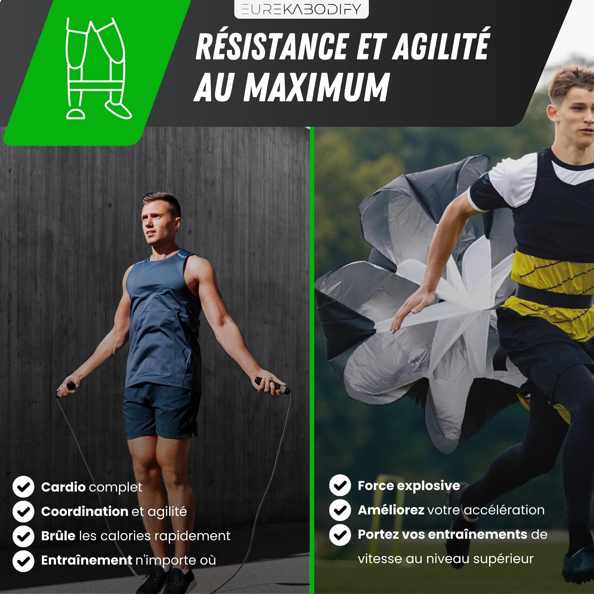 Kit d’Entraînement Football et Agilité - 10 Cônes d’Entraînement - Échelle d’Agilité 6m - Parachute d’Entraînement - 3 Bandes de Résistance - Corde à Sauter - Sac de Transport