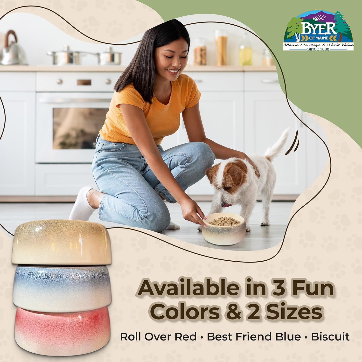 Byer of Maine Pet Bowl – High-Fired Porcelain Stoneware, Food-Grade Safe, Dishwasher Safe, Non-Slip Dog Bowl for Small Breeds in Roll Over Red