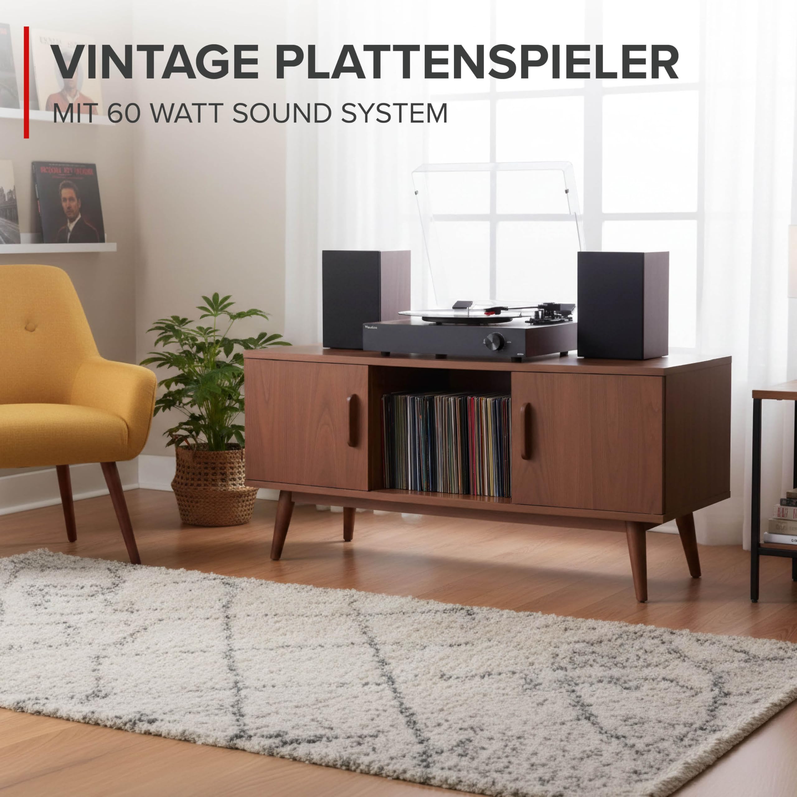 Audizio RP325W Retro Plattenspieler mit Lautsprecher & Bluetooth In/Out, Schallplattenspieler mit Boxen 60 Watt – Vinyl Player Holzoptik – Record Player mit Vorverstärker & Auto-Stop – Turntable Vinyl