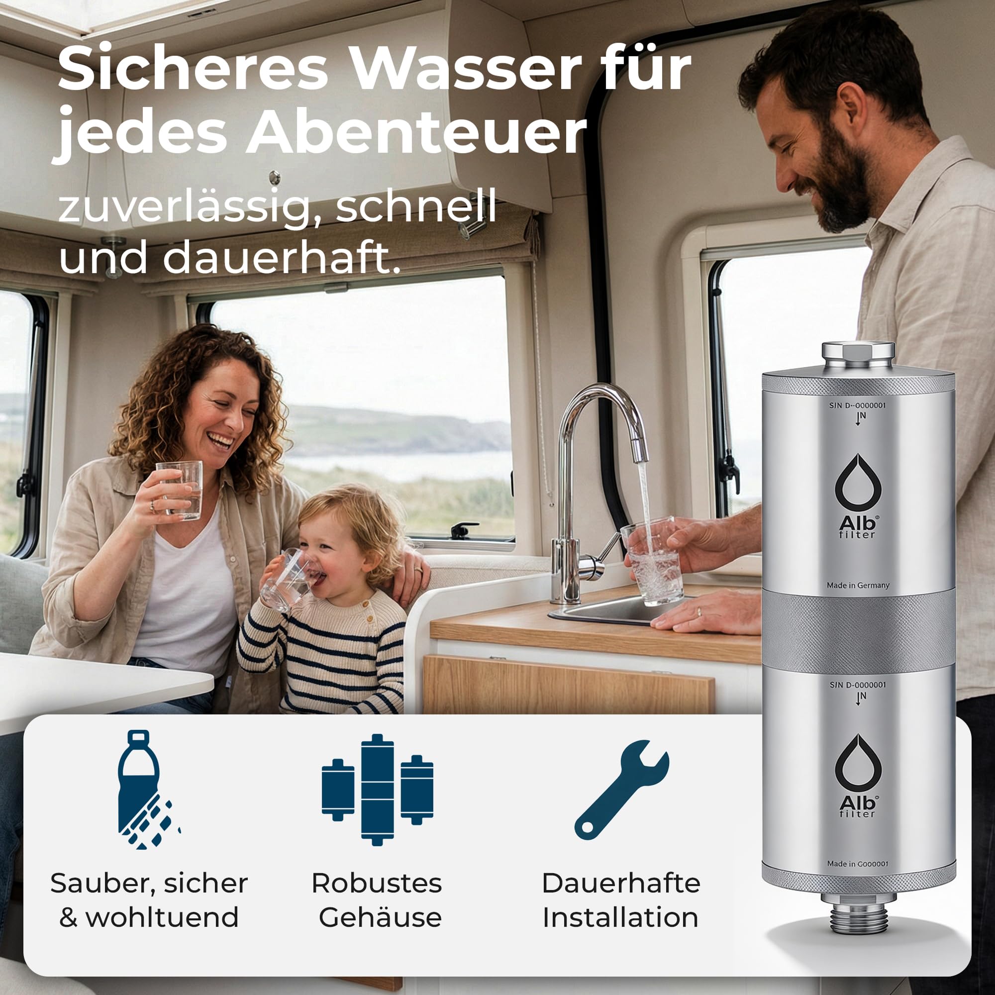 Alb Filter TRAVEL FUSION Einbaufilter Camping Edelstahl Natur | Zweistufiger Wasserfilter gegen Schadstoffe & Keime bis 0,1 µm, fester Einbaufilter für Wohnmobil & Boot, Made in Germany