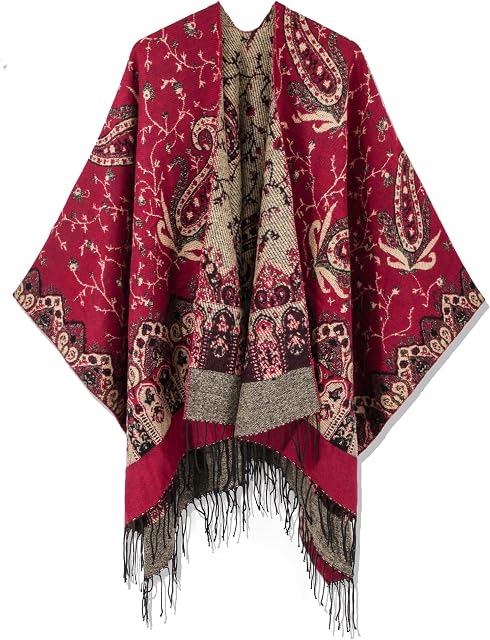 Amazon Brand - HIKARO Women's Winter Poncho Cape Scarf Retro Style Bohemia Printed Tassel Wrap Shawl Cardigans