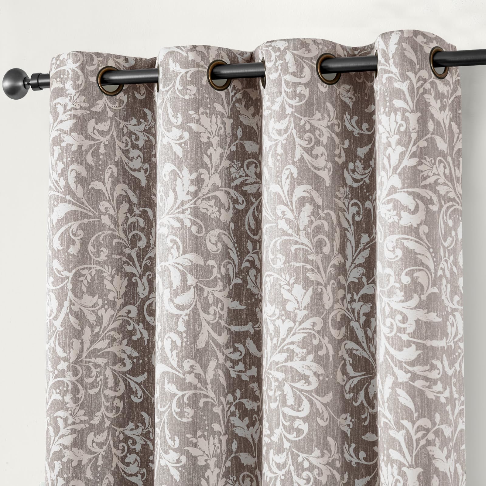 jinchan Blackout Curtains for Bedroom, Taupe Grey Scroll Floral Patterned Curtains 84 Inch Length for Living Room, Vintage Art Deco Drapes, Thermal