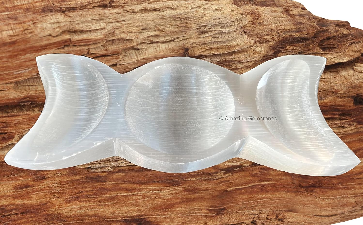Amazing Gemstone Selenite Bowl - 8" Triple Moon Selenite Crystal Charging Plate (Triple Moon Shape)