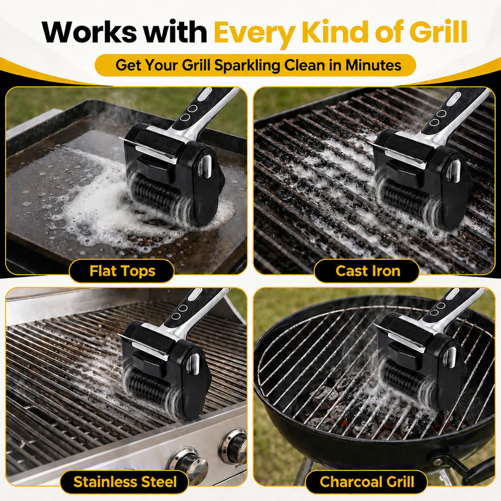 WHATOOK Elektrische Akku-Grillbürste, über 450 U/min, 4000mAh, USB-C