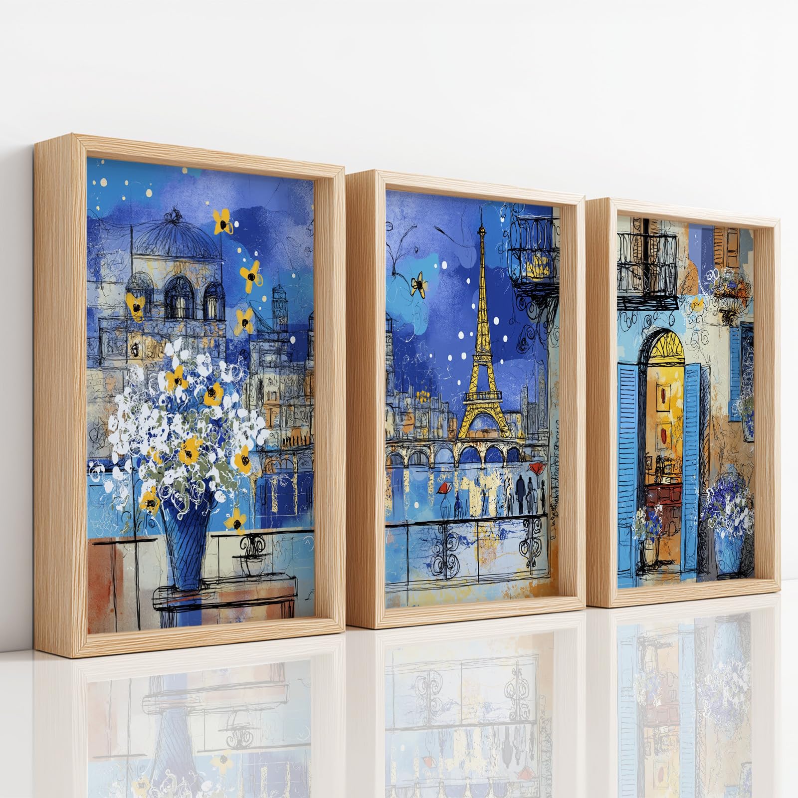 Generisch 3 piezas de arte mural pósteres, paisaje urbano estético murales para sala de estar dormitorio decoración, impresionista Torre Eiffel flor noche romántico lienzo imágenes 42 x 59,4 cm x 3