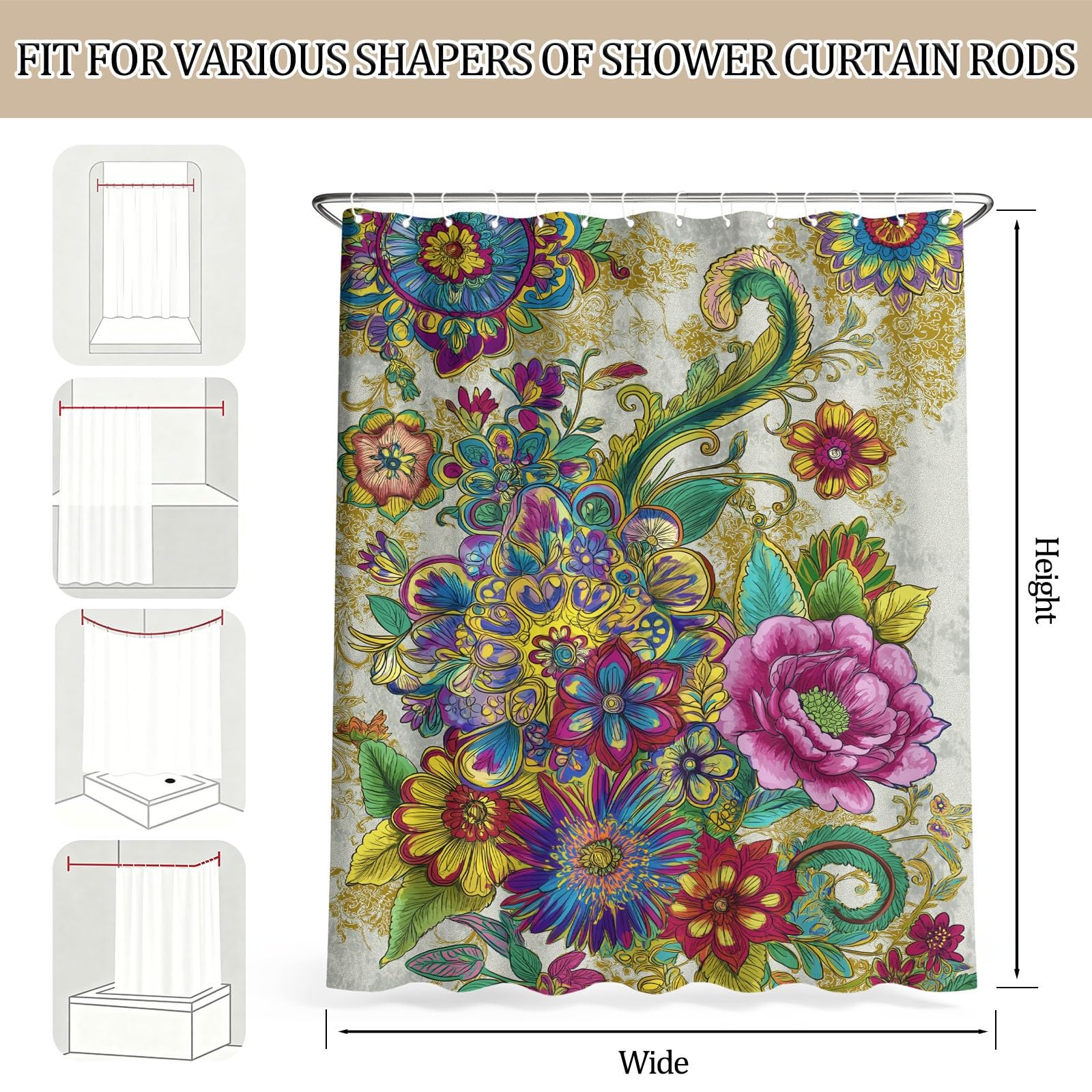 Générique Rideau Douche Luxueux Floral, Rideau de Douche 180 x 200 cm Anti Moisissure Tissu Lavable Romantique Pivoine Liane Rideaux Salle de Bain Baignoire avec Crochets, Vert