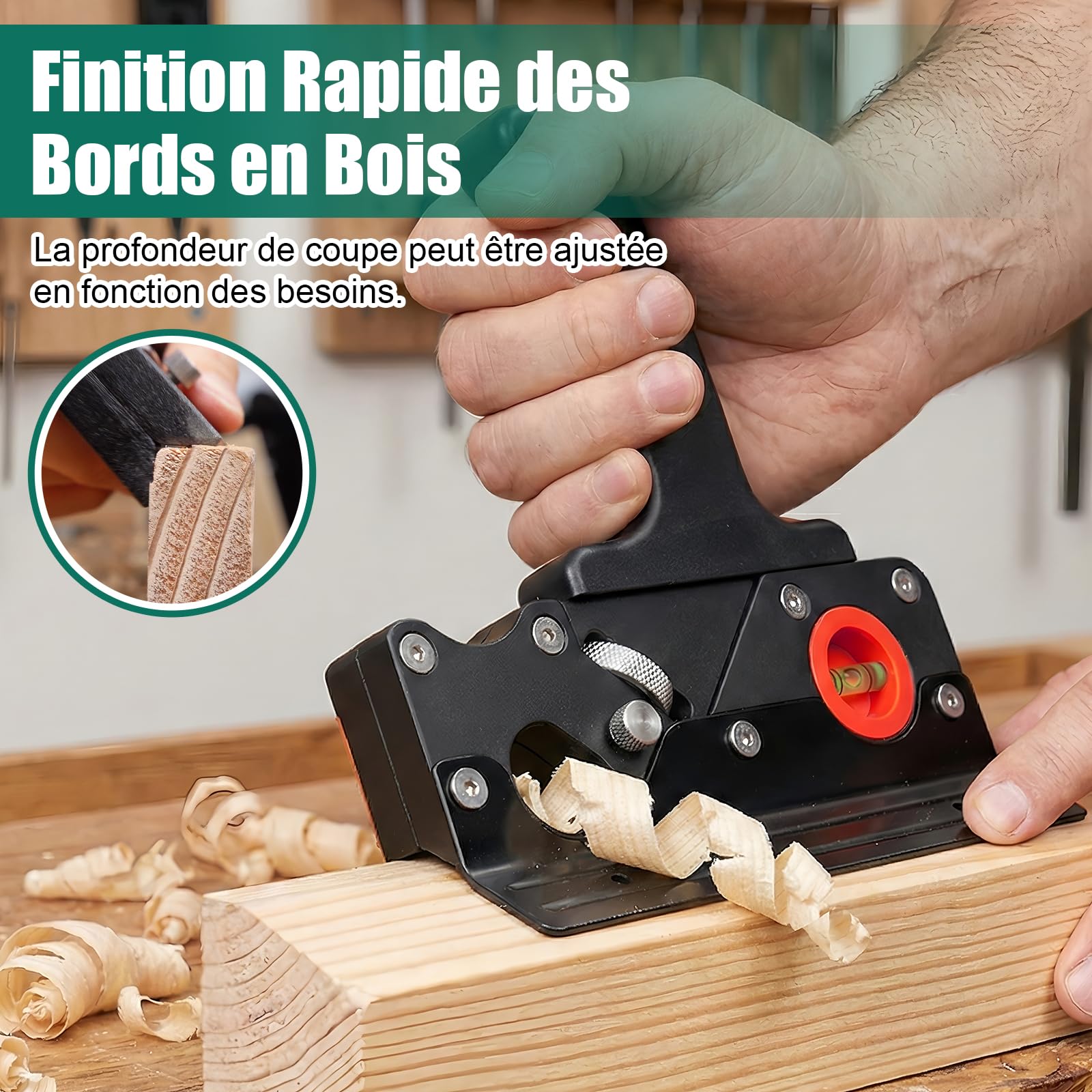 HYCHIKA Rabot Bois, Raboteuse à Chanfreiner avec 4 Têtes de Coupe 45°/3/5/6mm, Poignée Ergonomique, Bulles de Repérage, Rabot à une Main pour les Travailleurs du Bois, Menuisiers, ébénistes