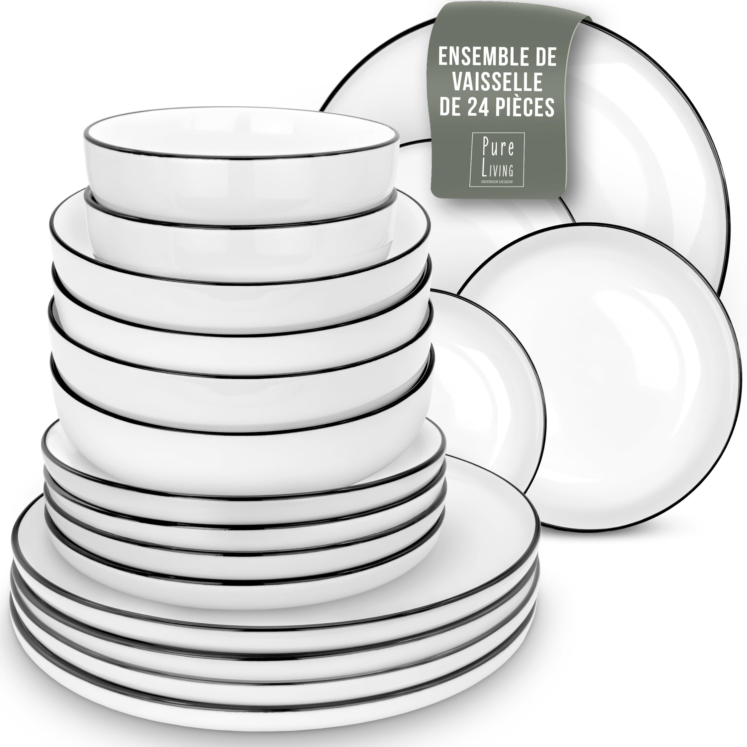 Service vaisselle complet pour 6 personnes Scandi-Style - 24 pièces en porcelaine premium blanche, de qualité supérieure - Ensemble d'assiettes et de bols résistente au lave-vaisselle