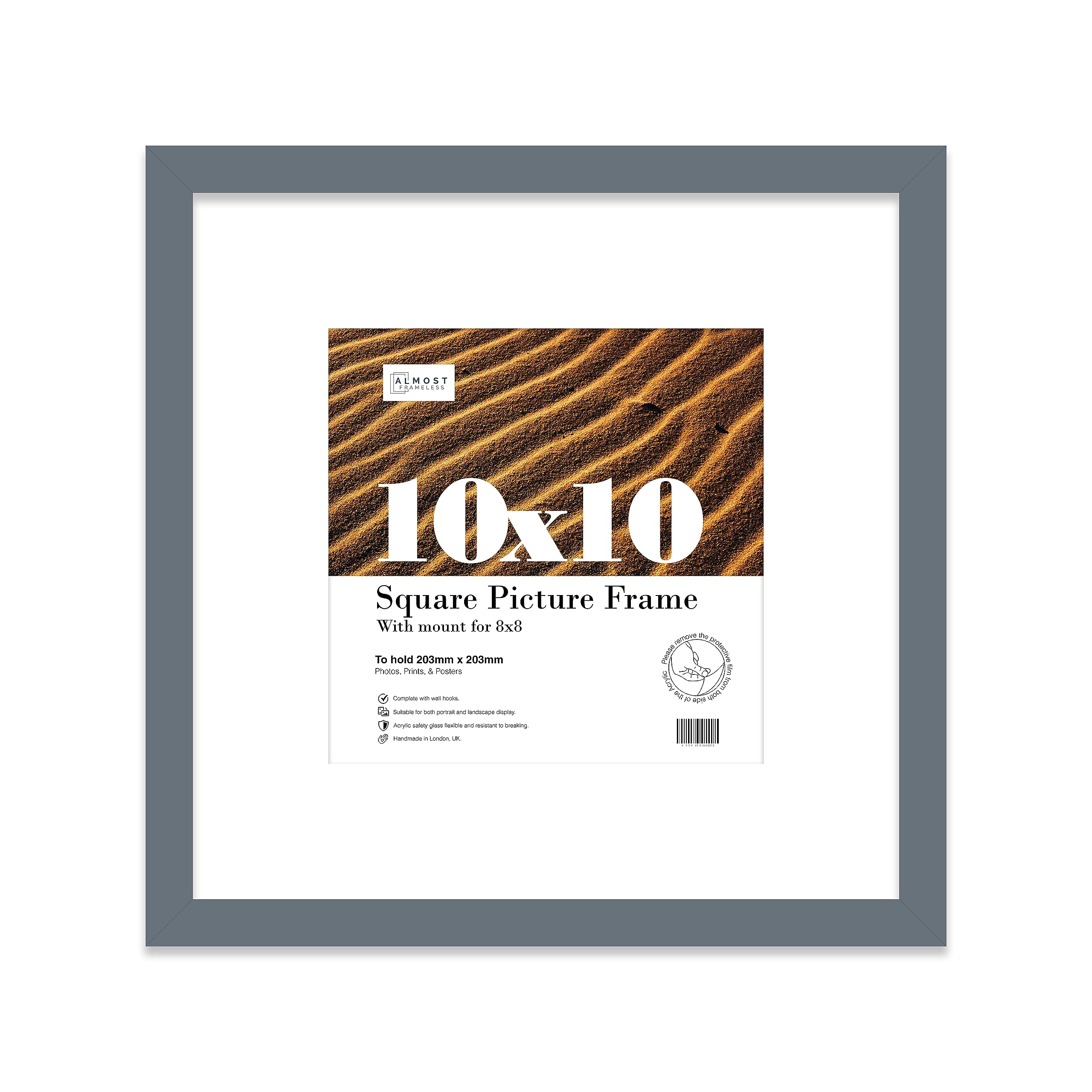 10x10 Grey Picture Frame with Mount for 8x8 Photos, Prints - Modern Square Wall Frame, 1 Pack