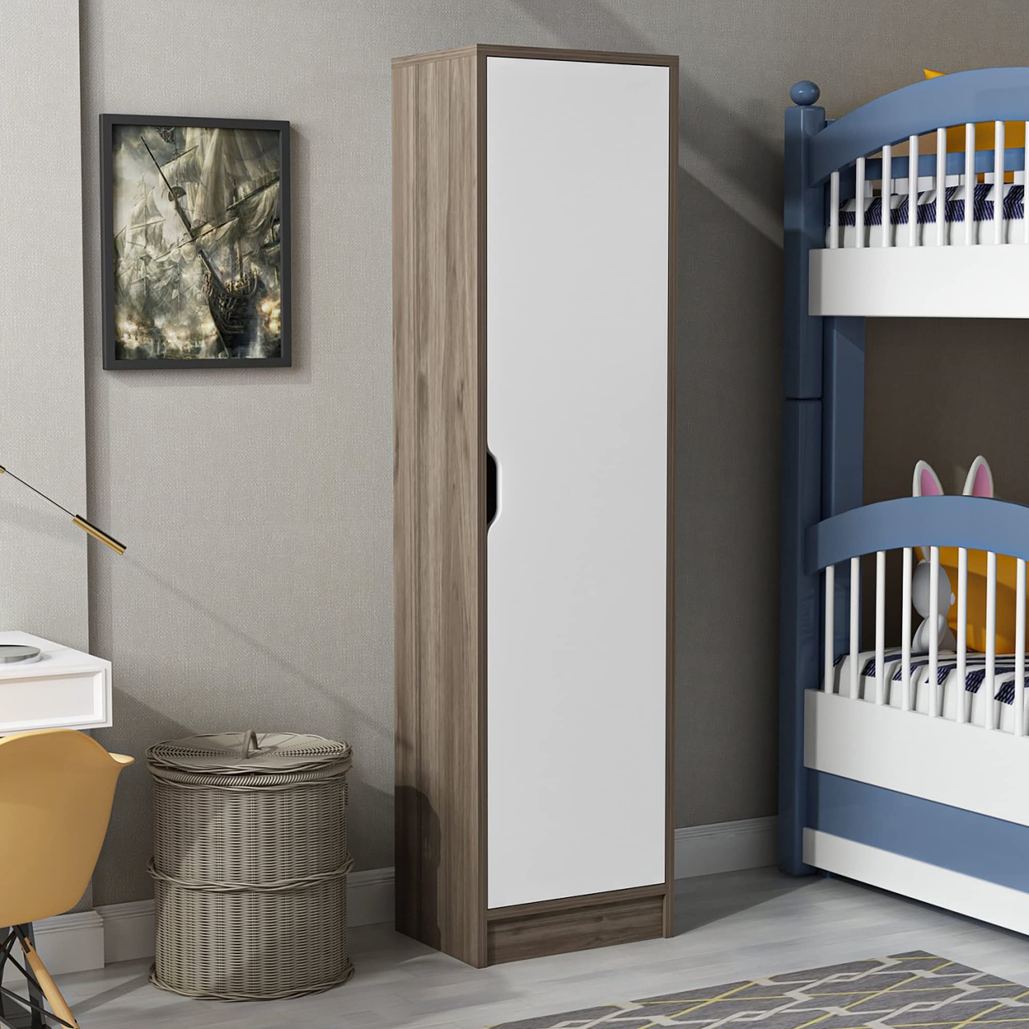 [en.casa] Armadio a Colonna (AxLxP) 154 x 40 x 30 cm Mobile a Terra con 1 Anta e 4 Scomparti Chiusi - Effetto Noce/Bianco