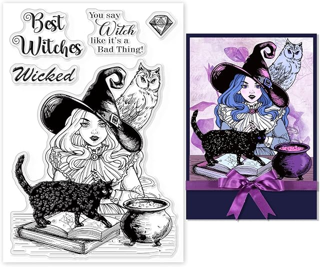 GLOBLELAND Halloween Witch Owl Cat Background Clear Stamps Magical Woman Silicone Clear Stamp Seals for Cards Making DIY Scrapbooking Photo Journal Album Decoration