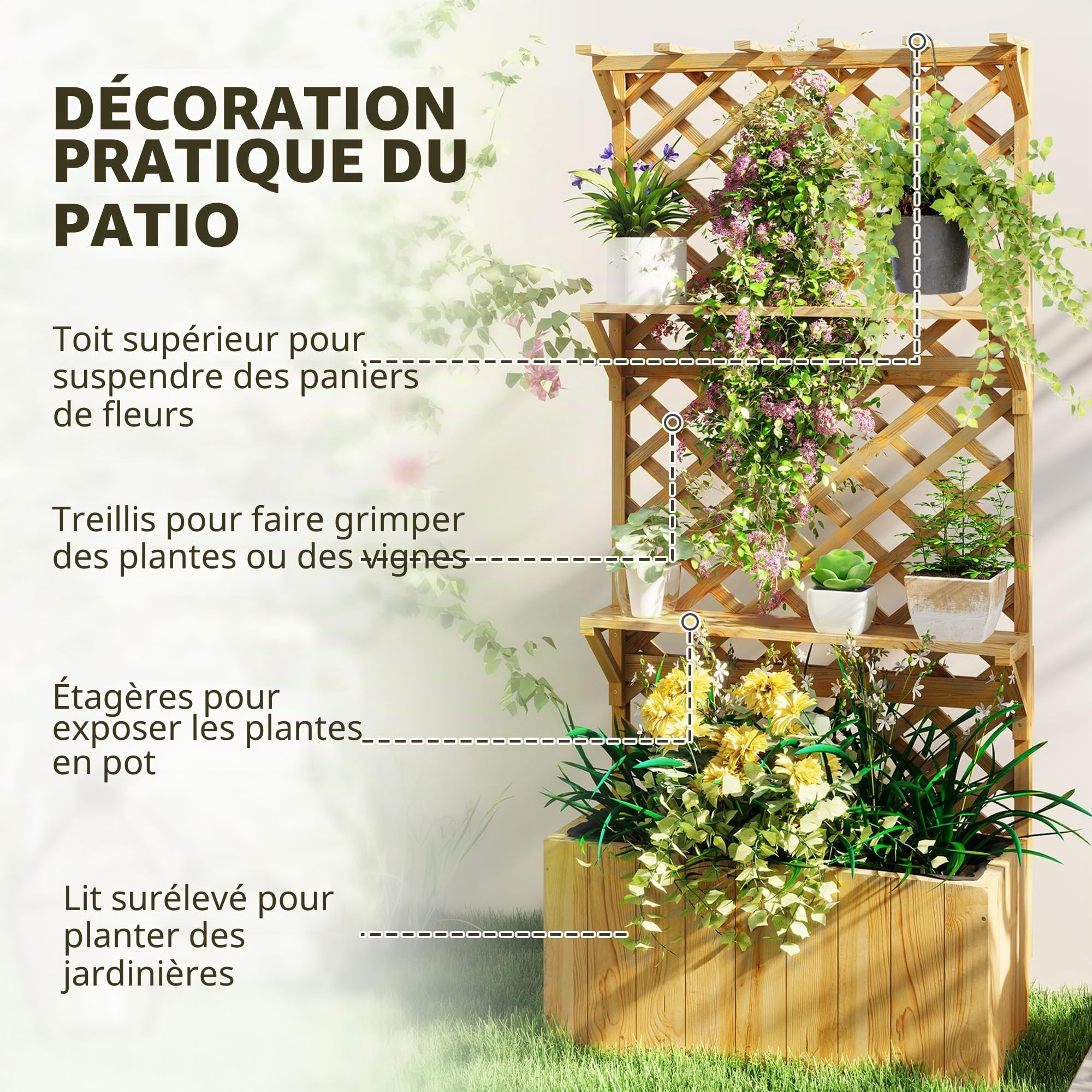Outsunny Jardinière avec Treillis, Lit Surélevé sur Pied Bois Naturel | Jardin Potager, avec Étagères, Trous de Drainage, Doublure, Bac à Fleurs, Pot de Plantes, Balcon Terrasse Patio
